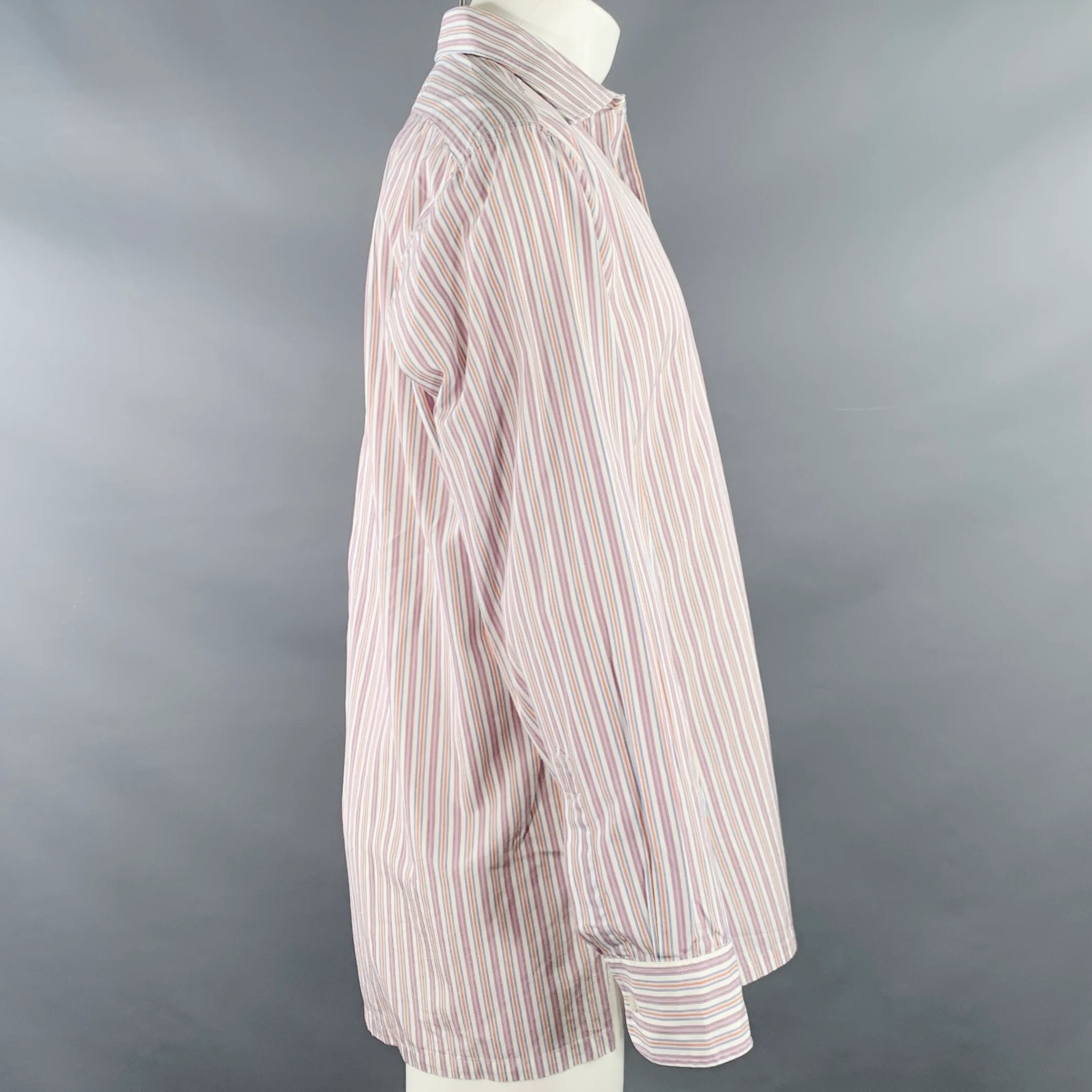 CHARVET Size M/L White Multi Color Stripe Cotton Long Sleeve Shirt - Image 3