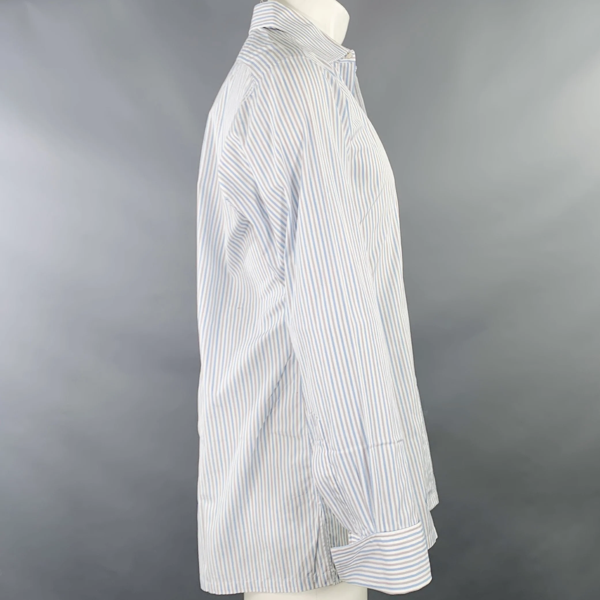 CHARVET Size M White Blue Grey Stripe Cotton Curved Cutaway Long Sleeve Shirt - Image 2
