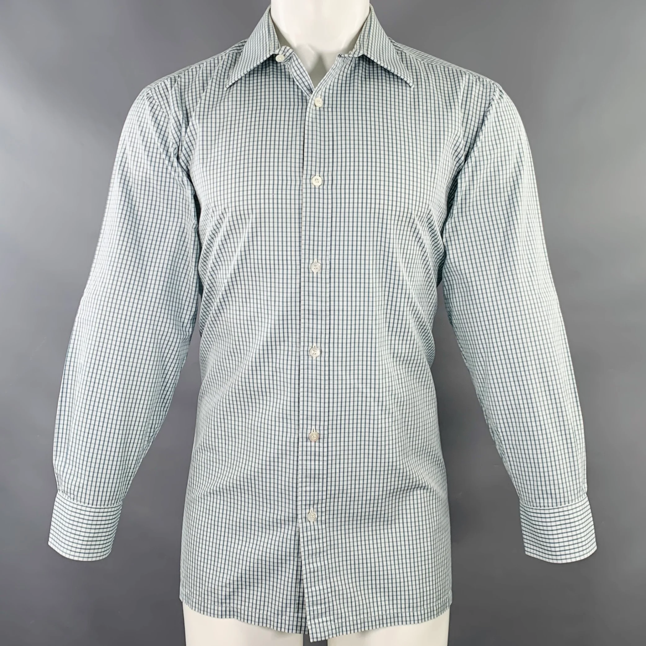 CHARVET Size M White Green Grey Checkered Cotton Long Sleeve Shirt