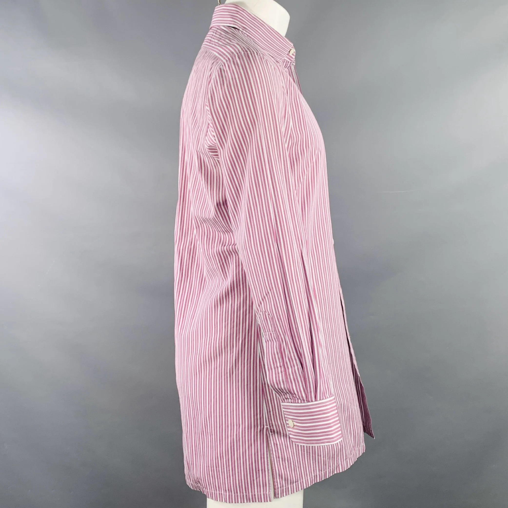 CHARVET Size M White Lilac Stripe Cotton Curved Cutaway Long Sleeve Shirt - Image 3