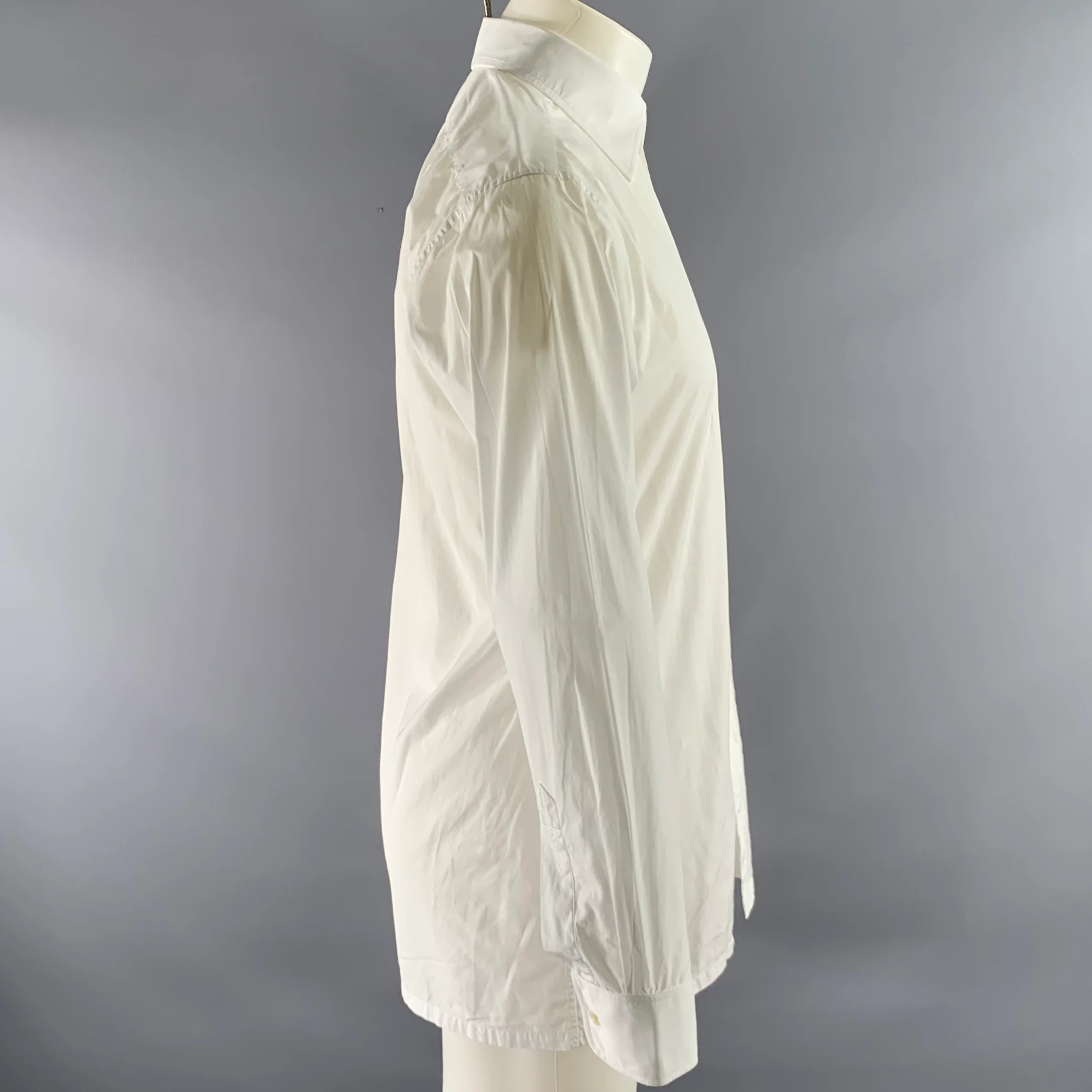 CHARVET Size M White Solid Cotton Pointed Collar Long Sleeve Shirt - Image 3