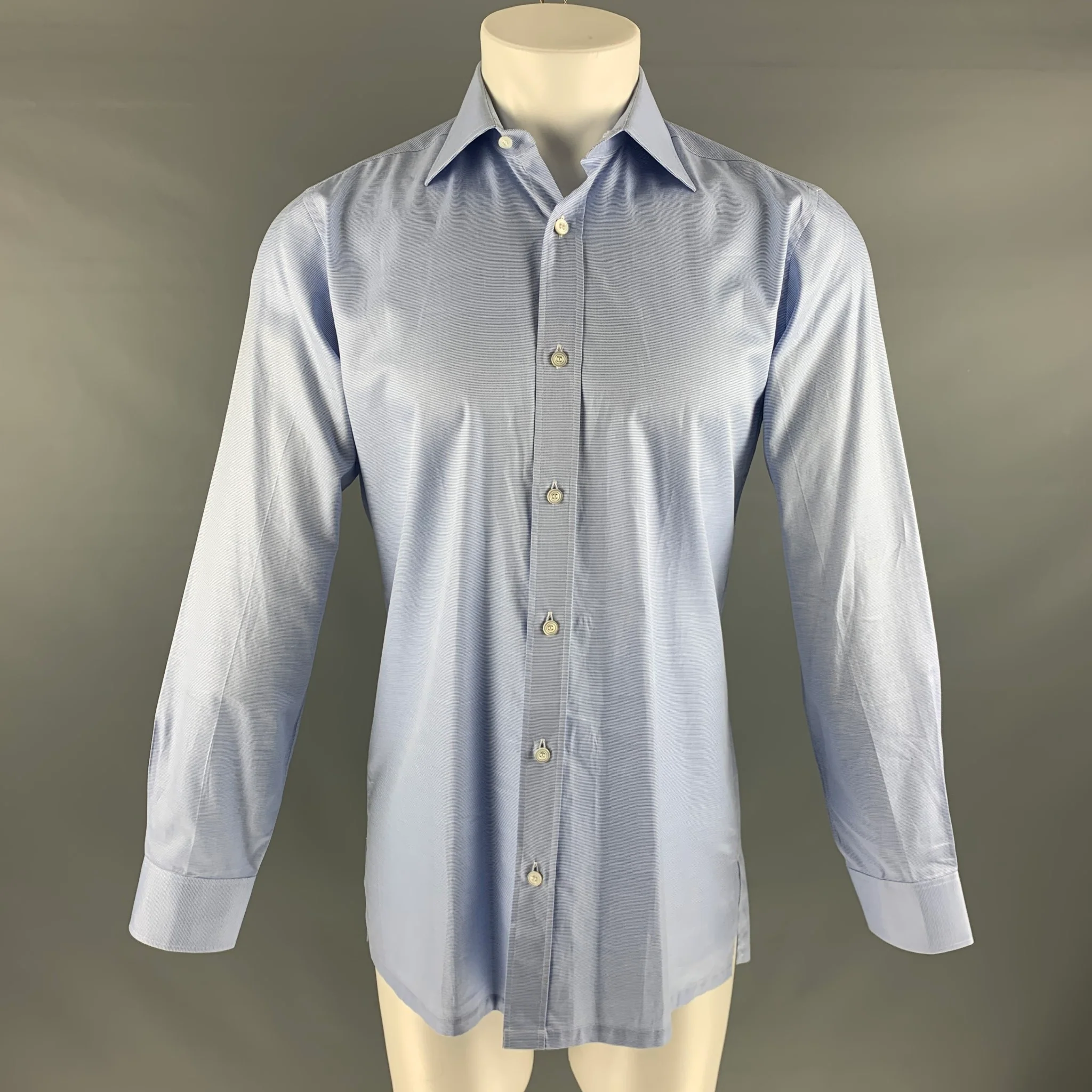 CHARVET Size S Light Blue Solid Cotton Spread Collar Long Sleeve Shirt