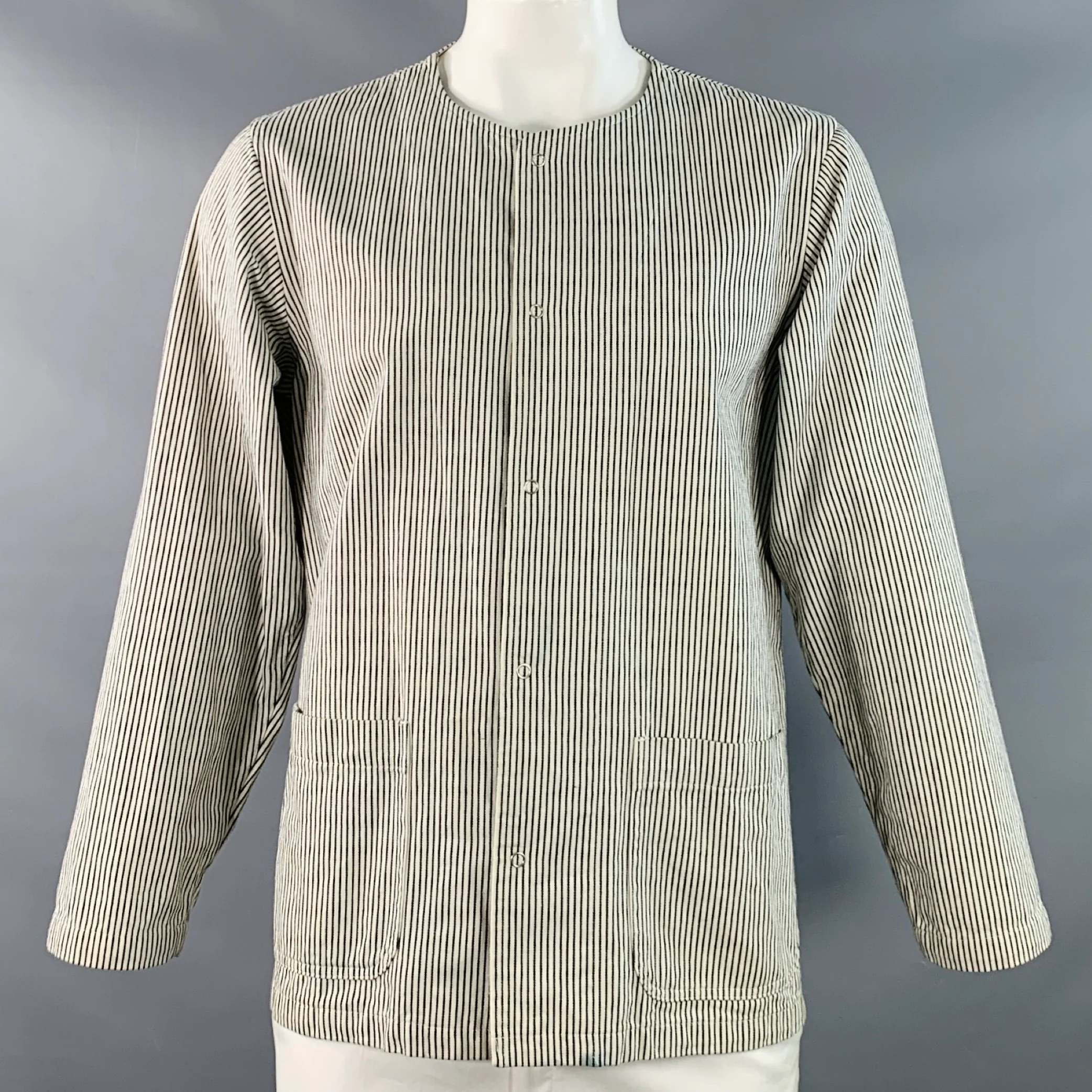 CHIMALA Size L White Black Stripe Cotton Two Pockets Collarless Jacket