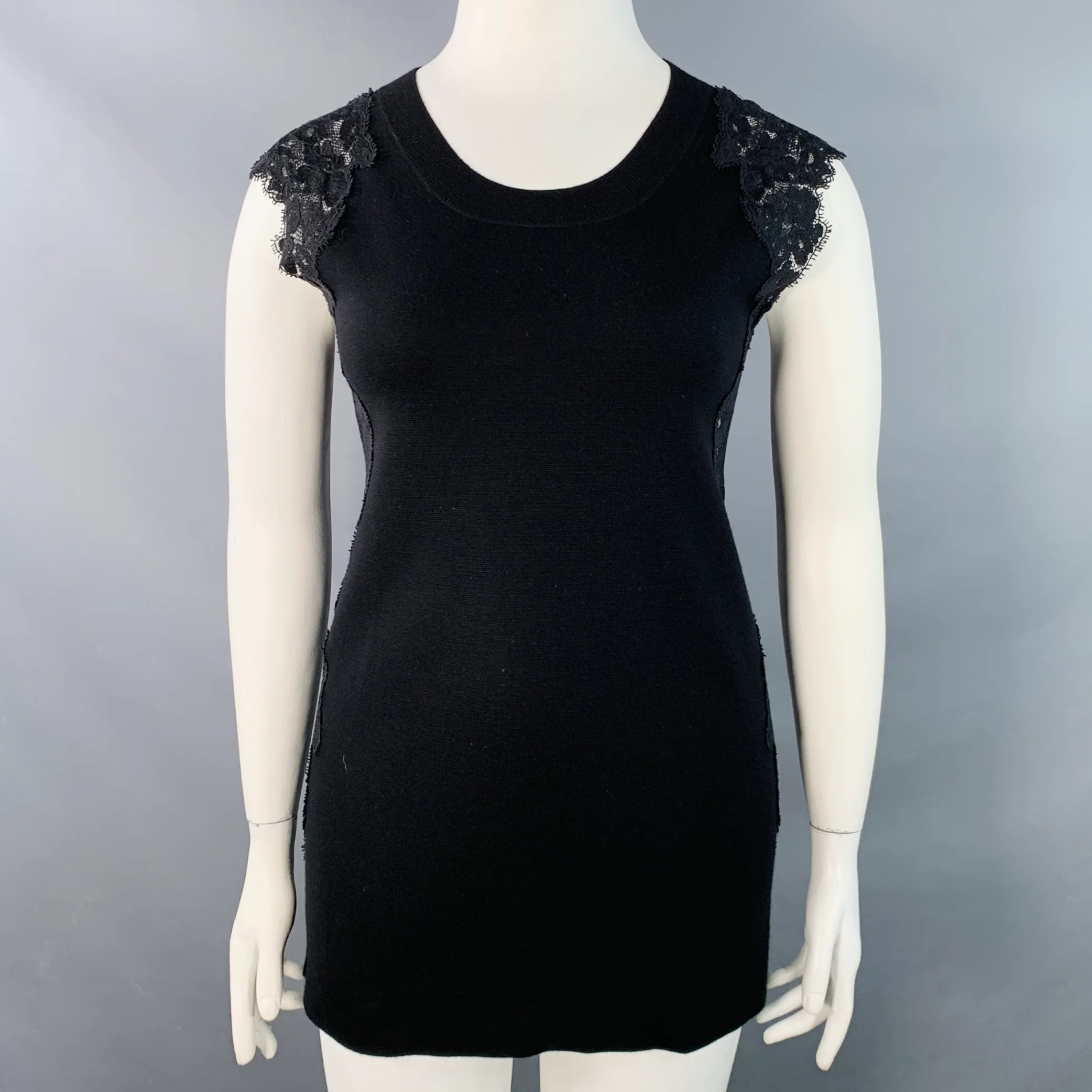 CHLOE Size L Black Wool Lace Trim Sleeveless Crew Neck Casual Top