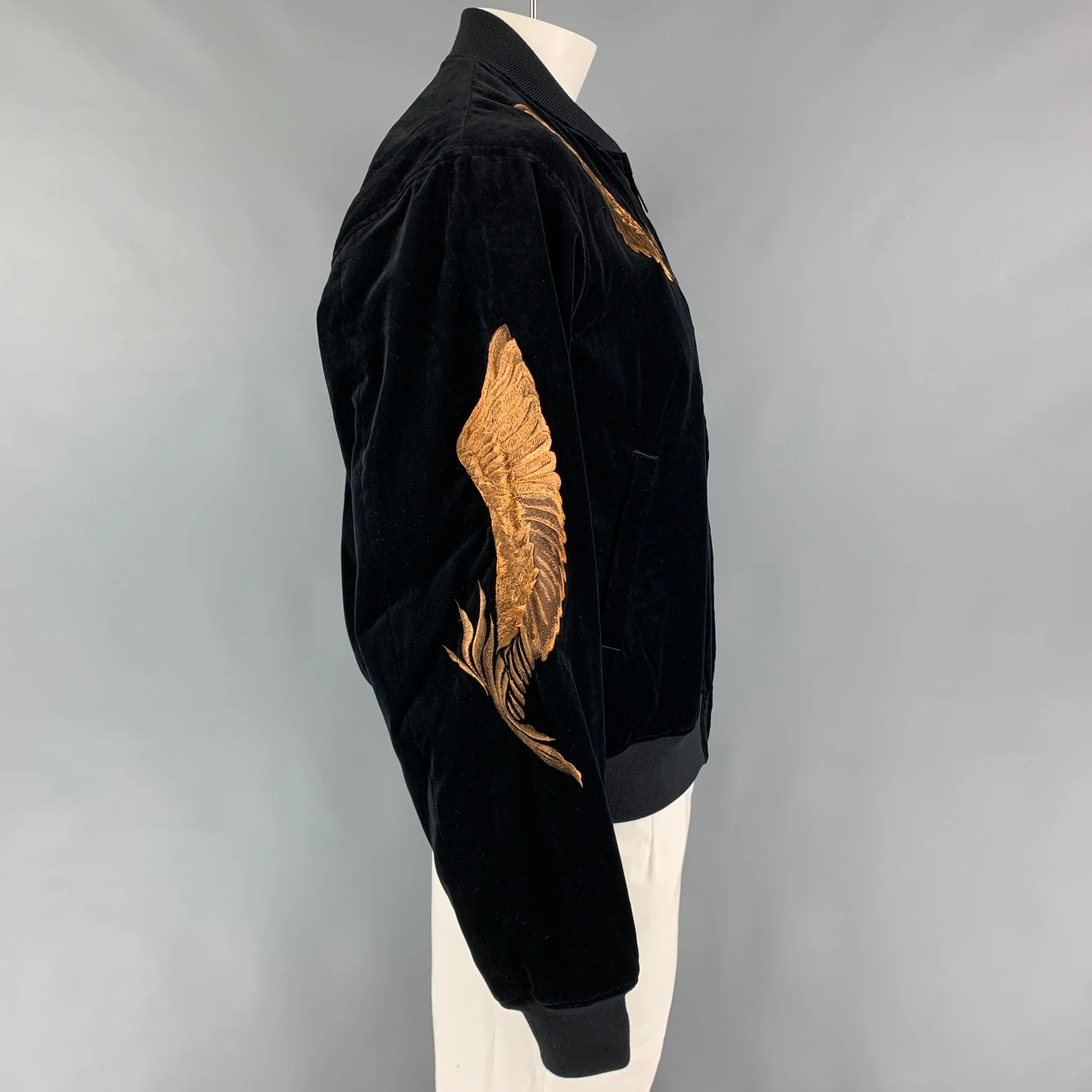 CHRISTIAN DADA FW 19 Size 42 Black Copper Cotton Velvet Feather Embroidery Bomber Jacket - Image 3