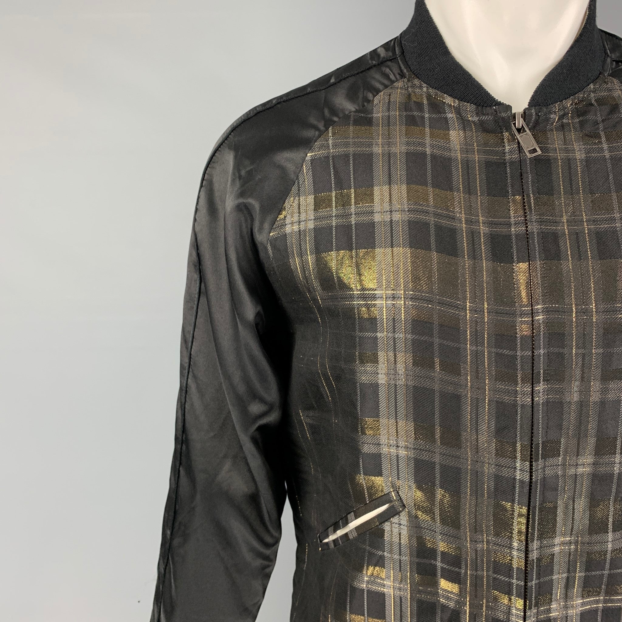 CHRISTIAN DADA Size 36 Black Gold Plaid Silk Blend Bomber Jacket - Image 2
