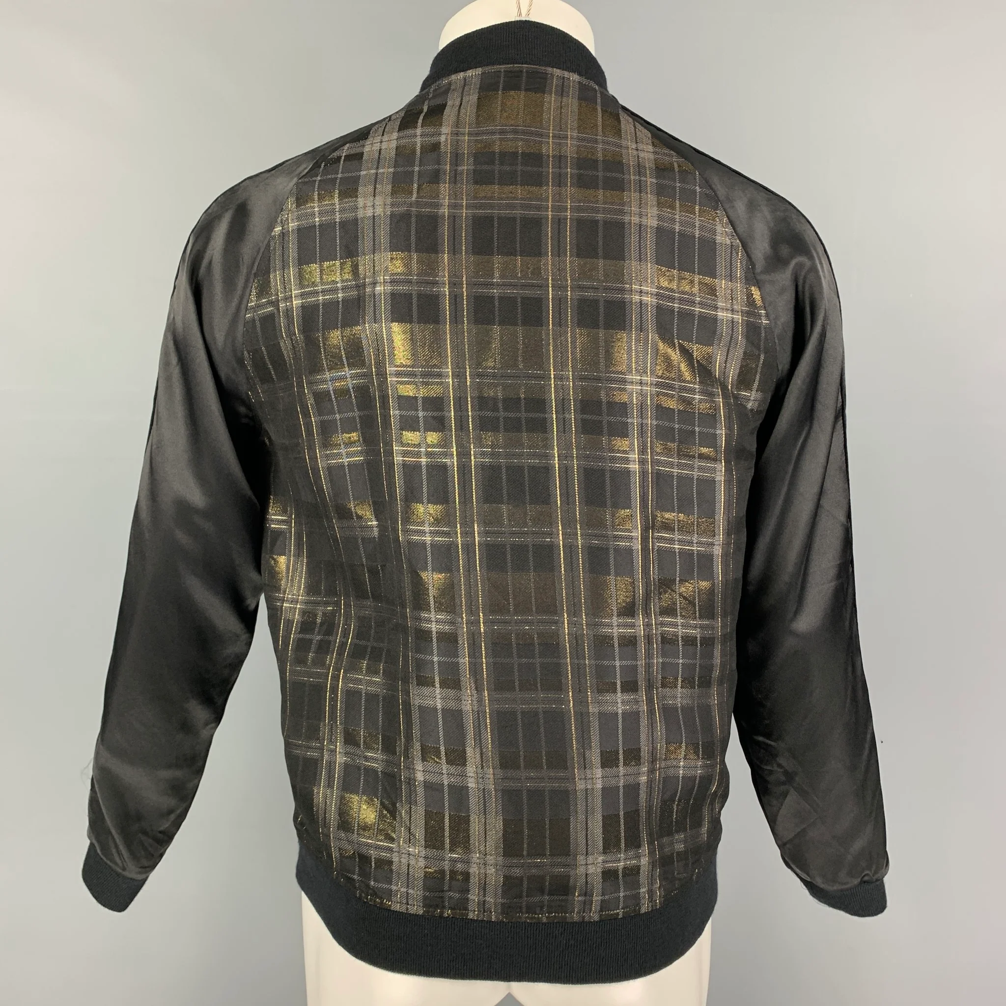CHRISTIAN DADA Size 36 Black Gold Plaid Silk Blend Bomber Jacket - Image 4