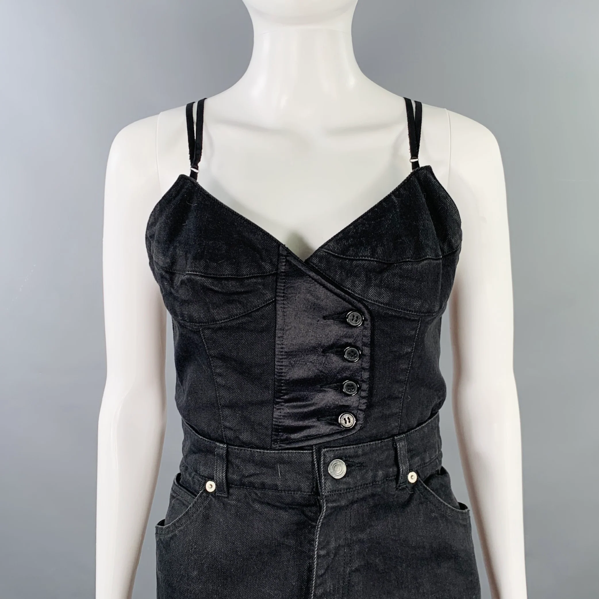 CHRISTIAN DADA Size 4 Black Cotton Blend Deconstructed Denim Raw Edge Midi Dress - Image 2