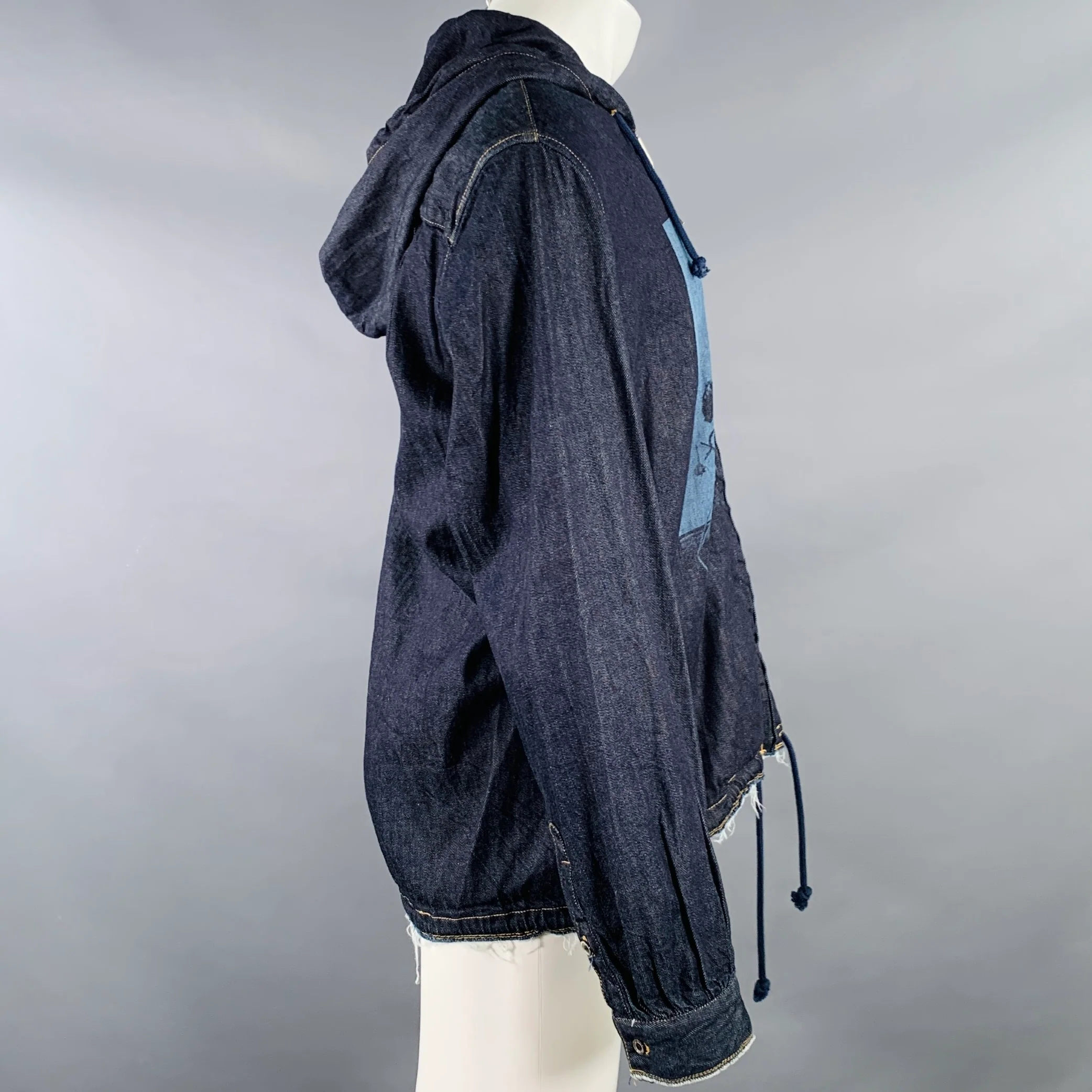 CHRISTIAN DADA Size M Araki Indigo Blue Floral Print Cotton Hooded Jacket - Image 3