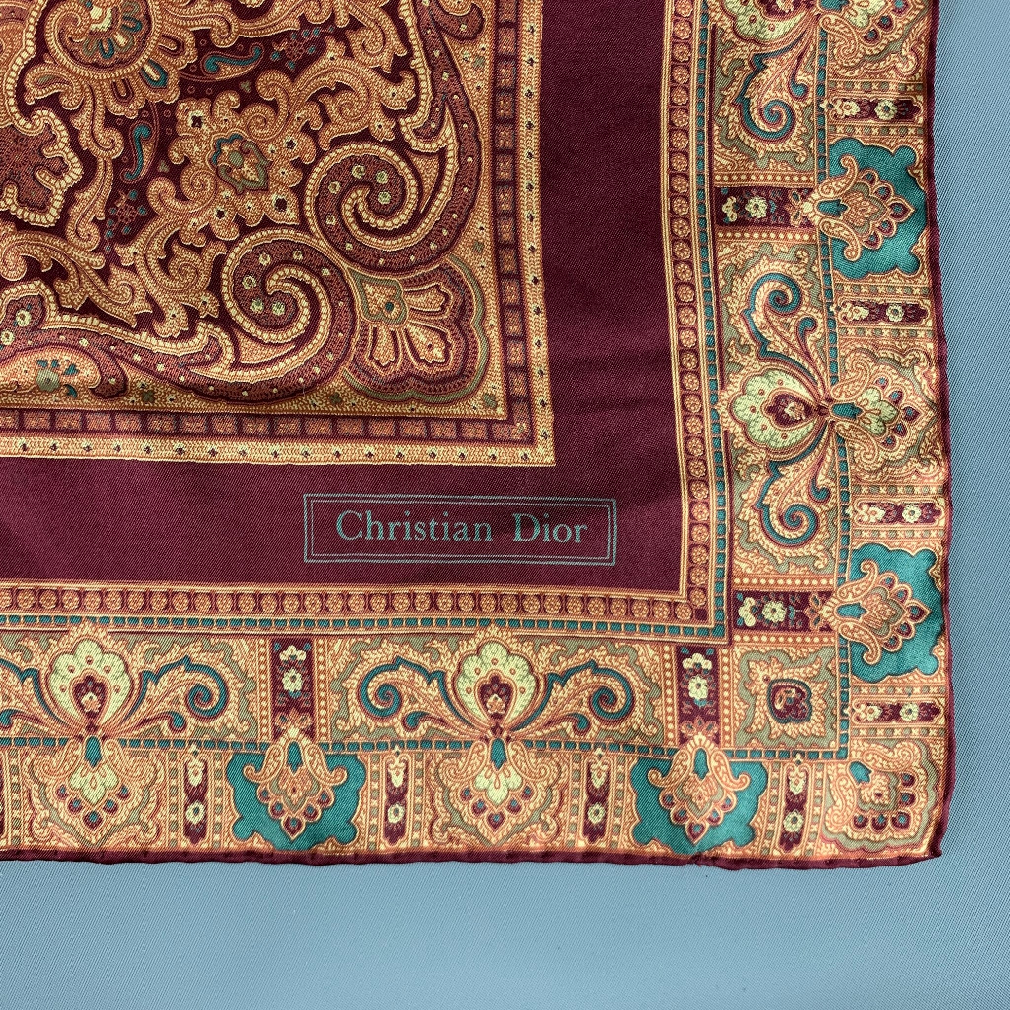 CHRISTIAN DIOR Burgundy Gold Paisley Pocket Square - Image 5