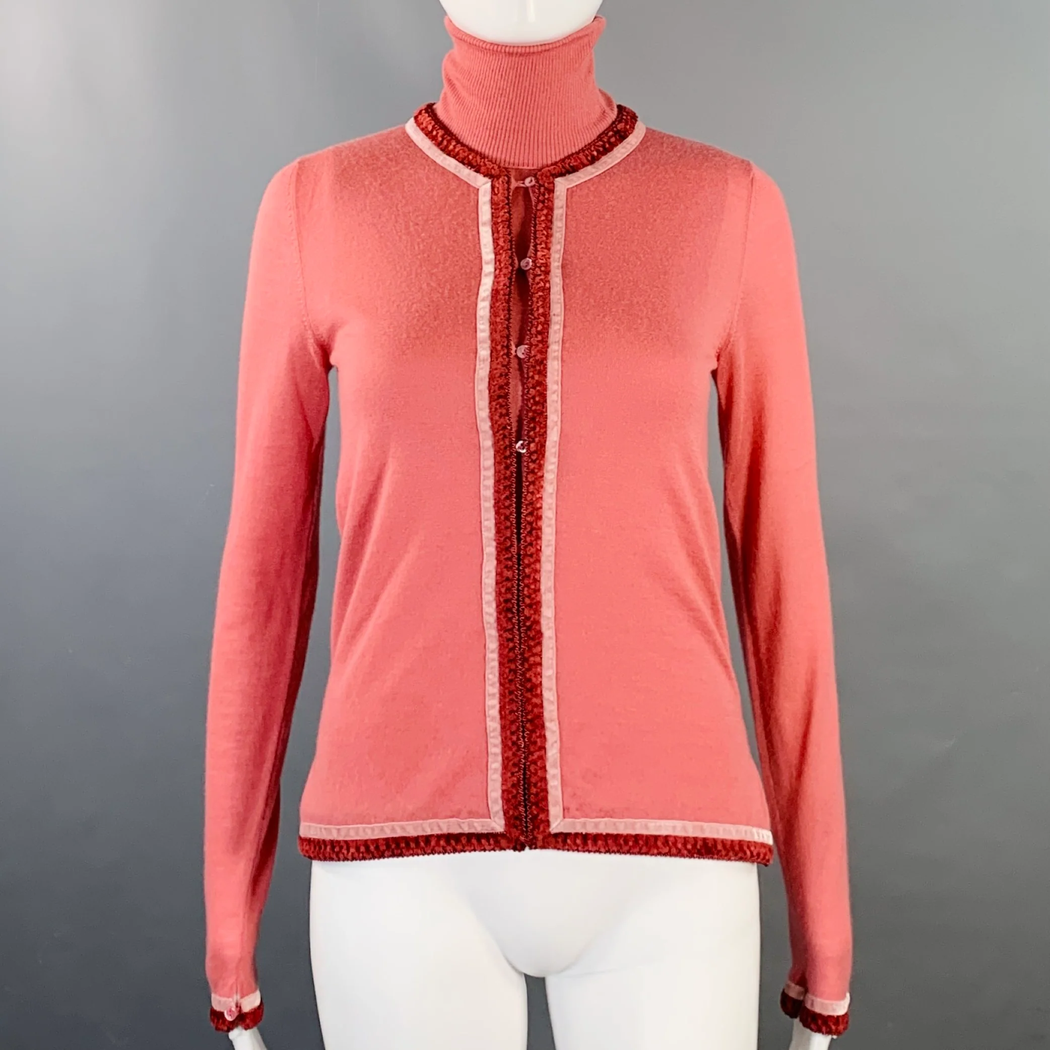 CHRISTIAN DIOR Size 4 Pink Cashmere Contrast Trim Turtleneck Cardigan Set