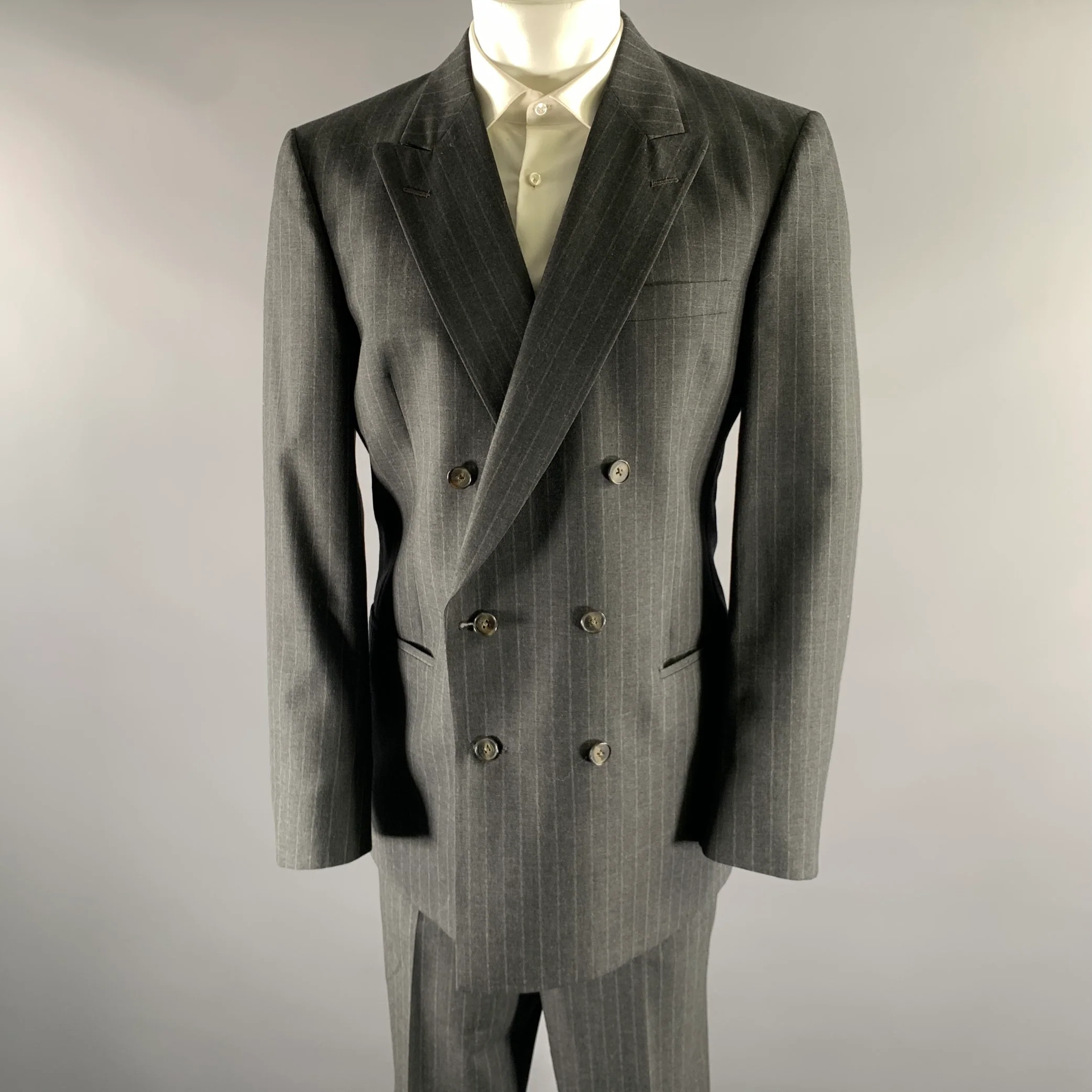 CHRISTIAN DIOR Size 44 Grey Pinstripe Wool Double Breasted Suit