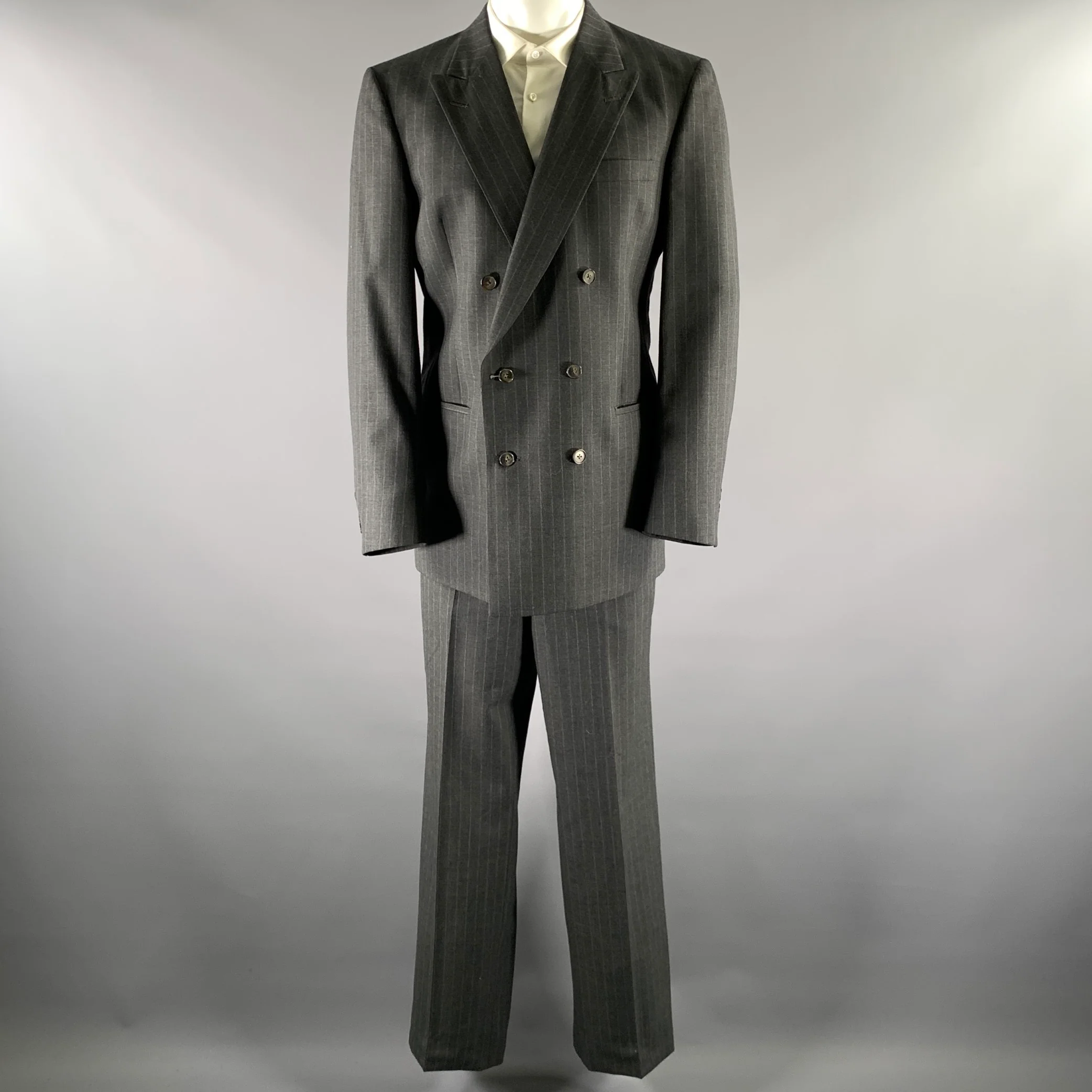 CHRISTIAN DIOR Size 44 Grey Pinstripe Wool Double Breasted Suit - Image 2