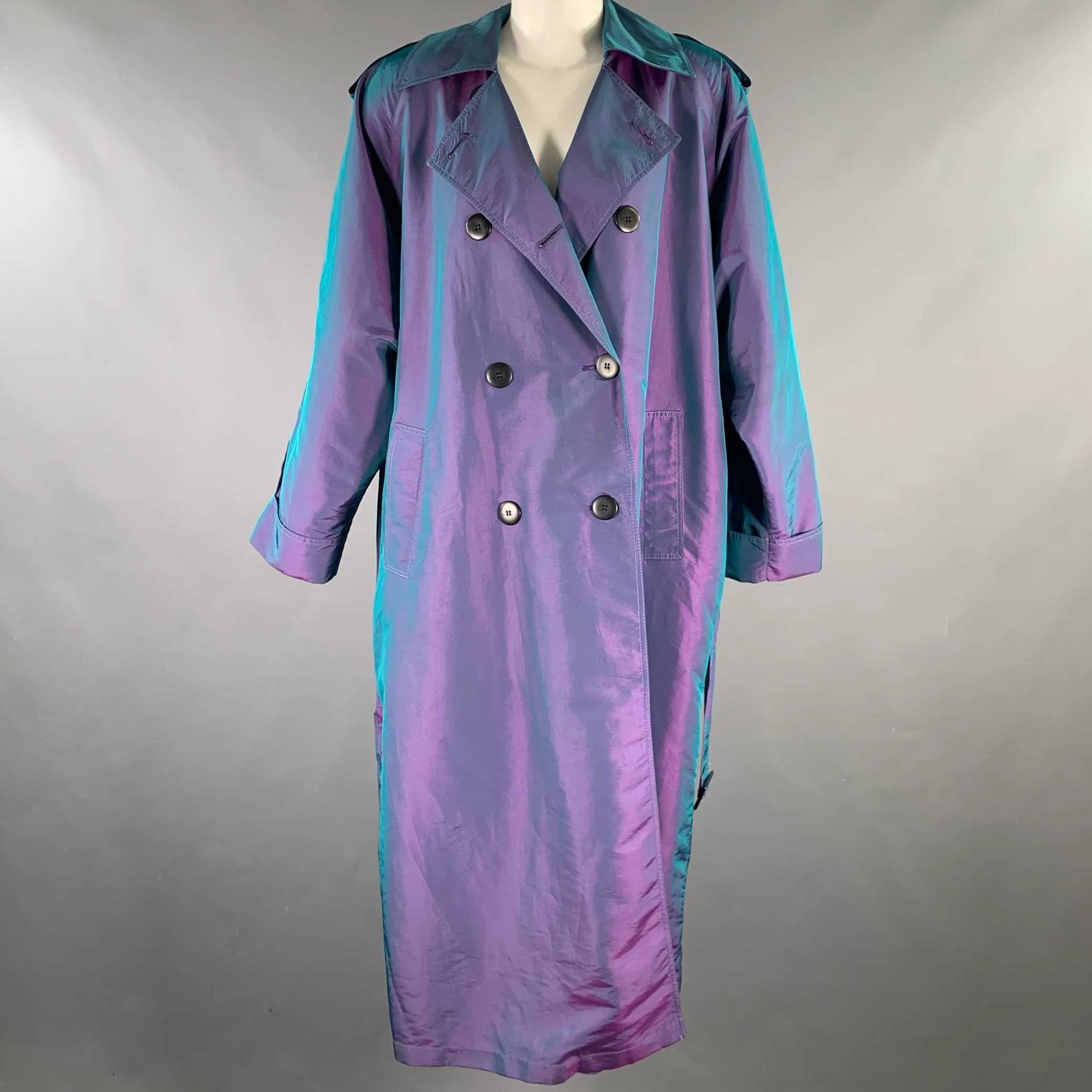 CHRISTIAN DIOR Size 6 Purple Teal Iridescent Trench Trench Coat - Image 3