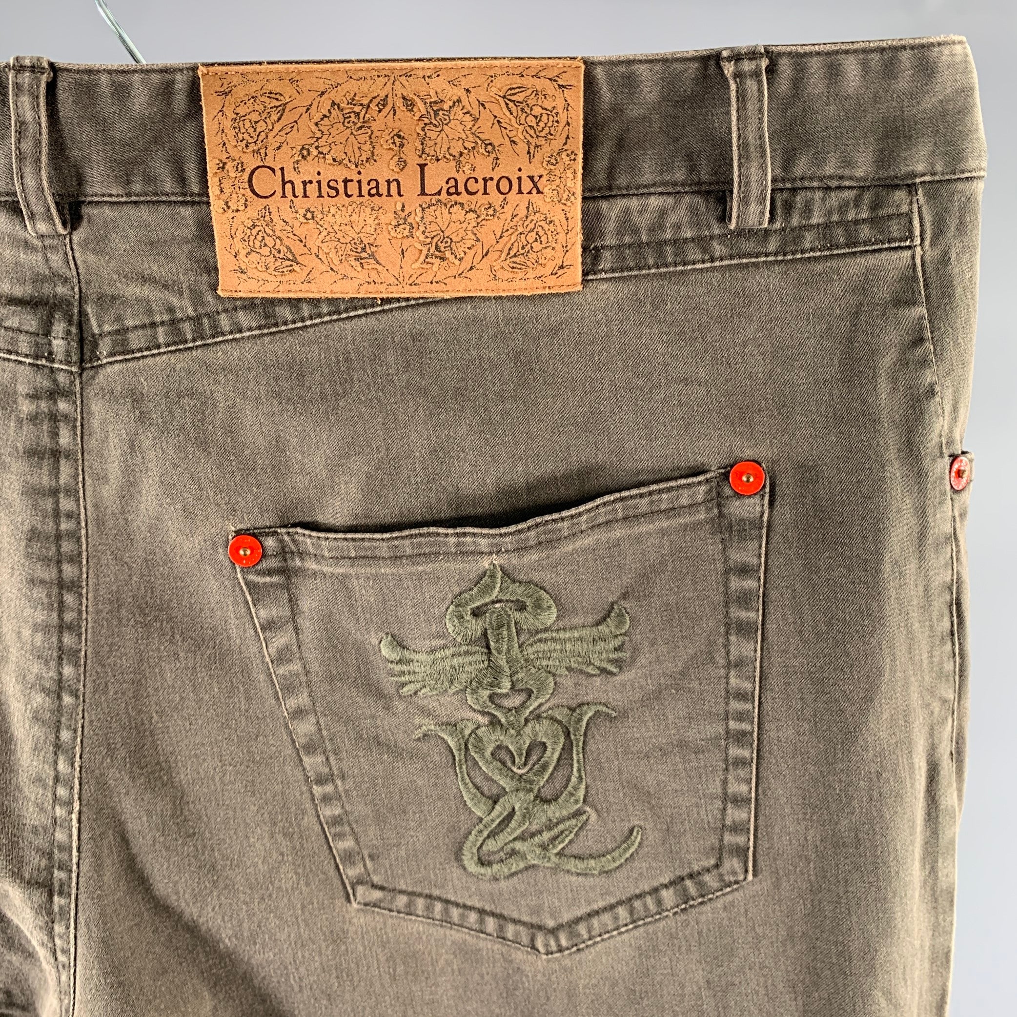 CHRISTIAN LACROIX Size 36 Olive Cotton Blend Straight Casual Pants - Image 2