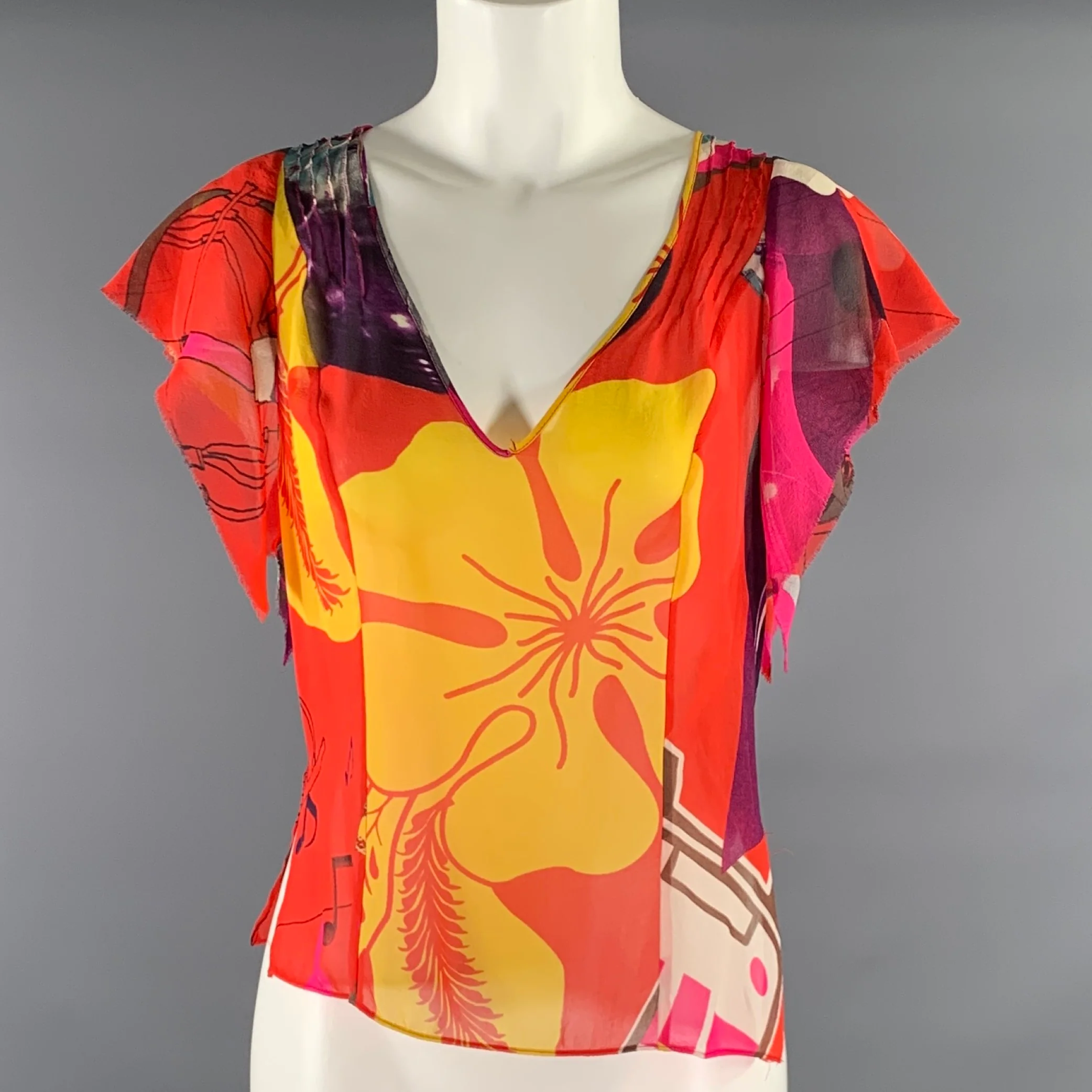 CHRISTIAN LACROIX Size S Red Yellow Silk Floral V-Neck Blouse
