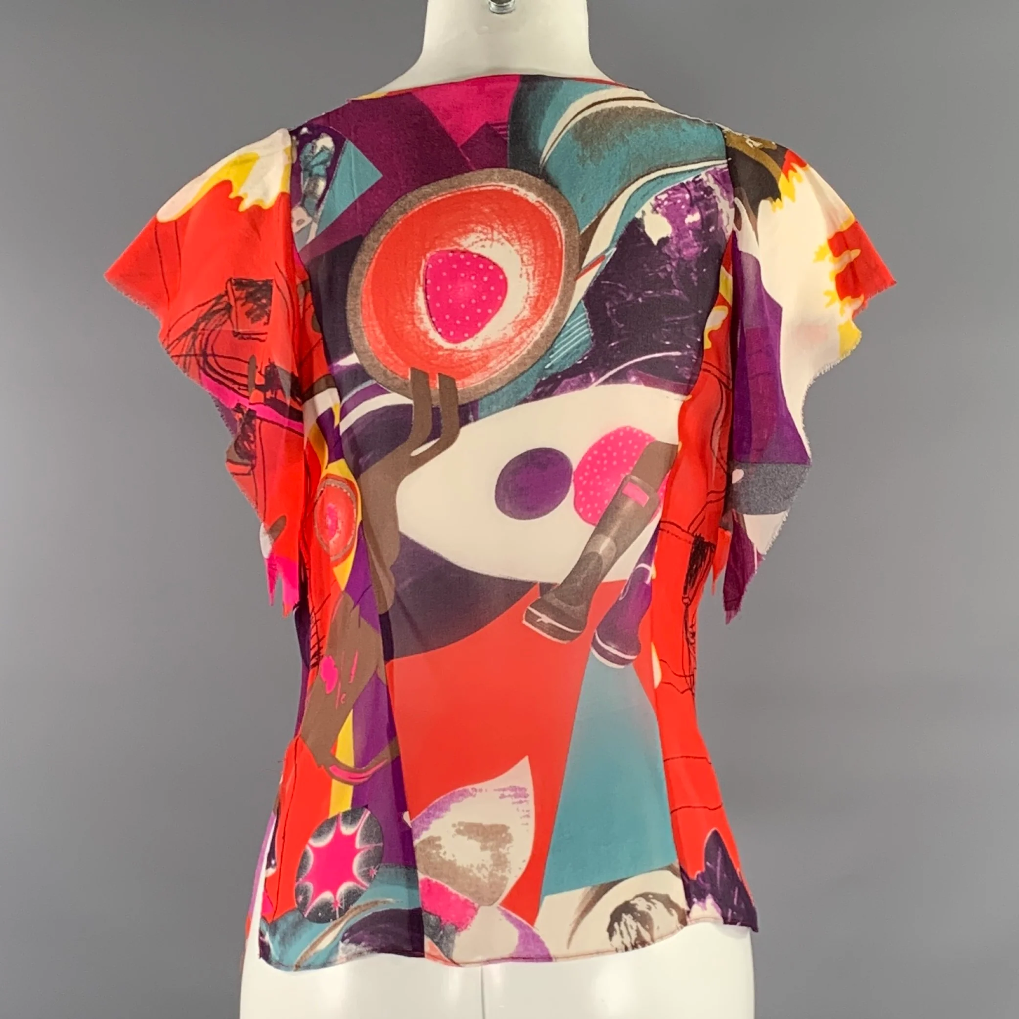 CHRISTIAN LACROIX Size S Red Yellow Silk Floral V-Neck Blouse - Image 3