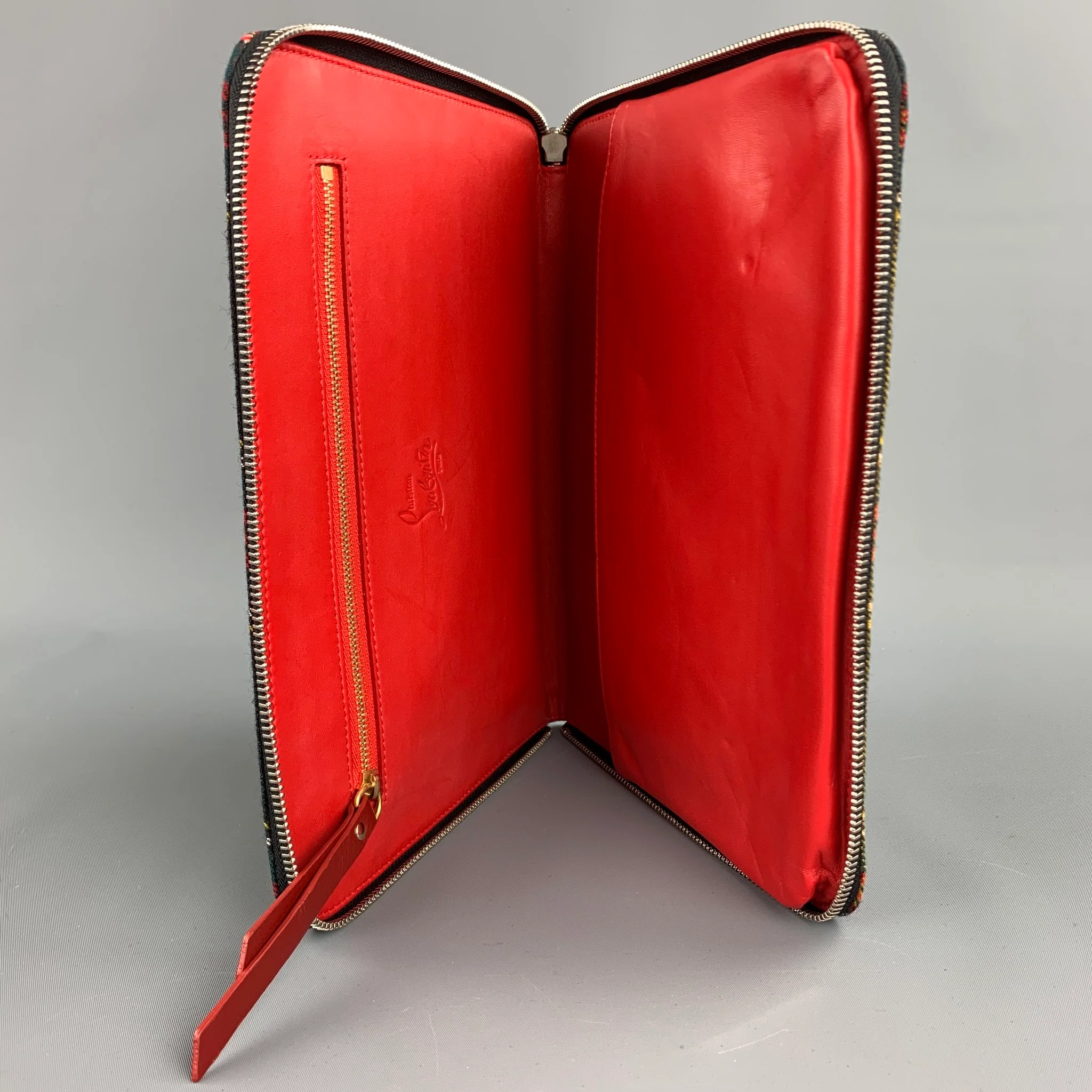 CHRISTIAN LOUBOUTIN Black & Red Plaid Canvas Spike iPad Case - Image 2