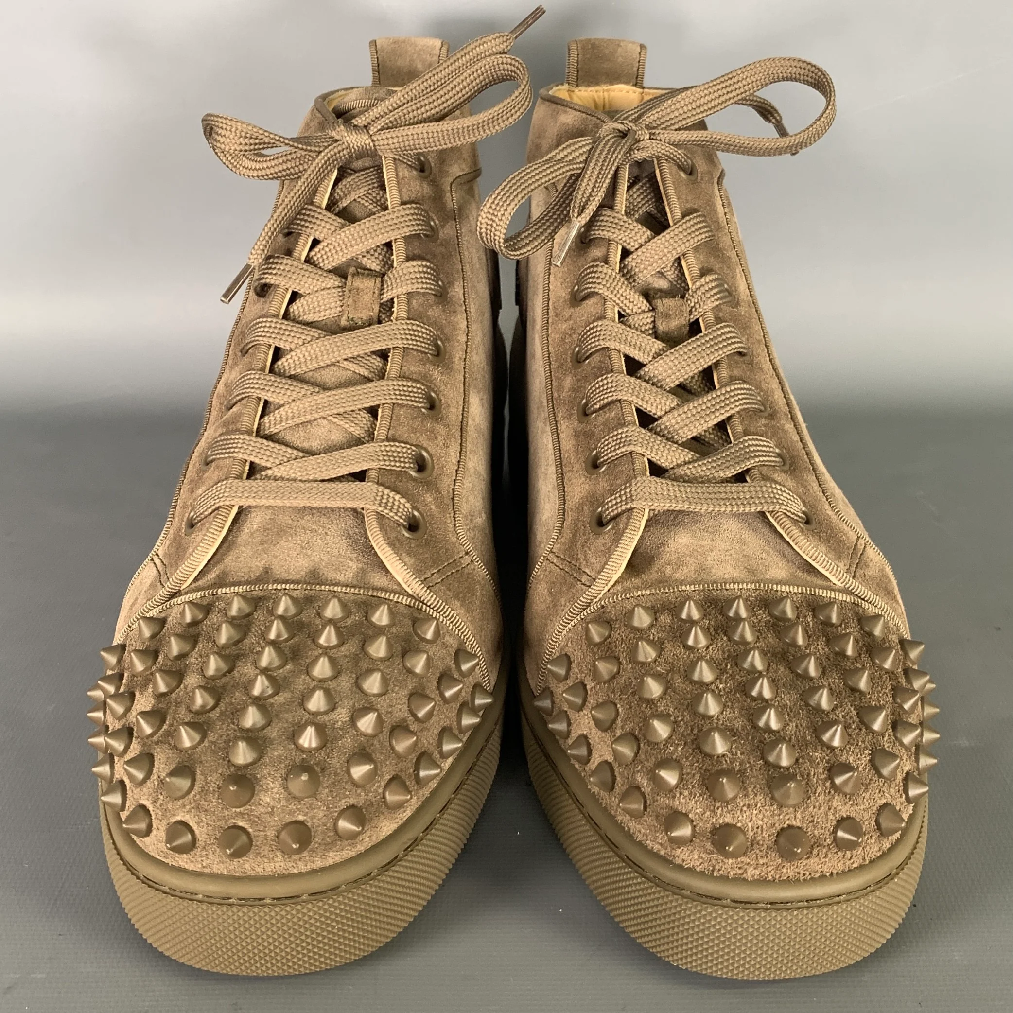 CHRISTIAN LOUBOUTIN Size 10 Brown Spikes Leather High Top Sneakers - Image 4