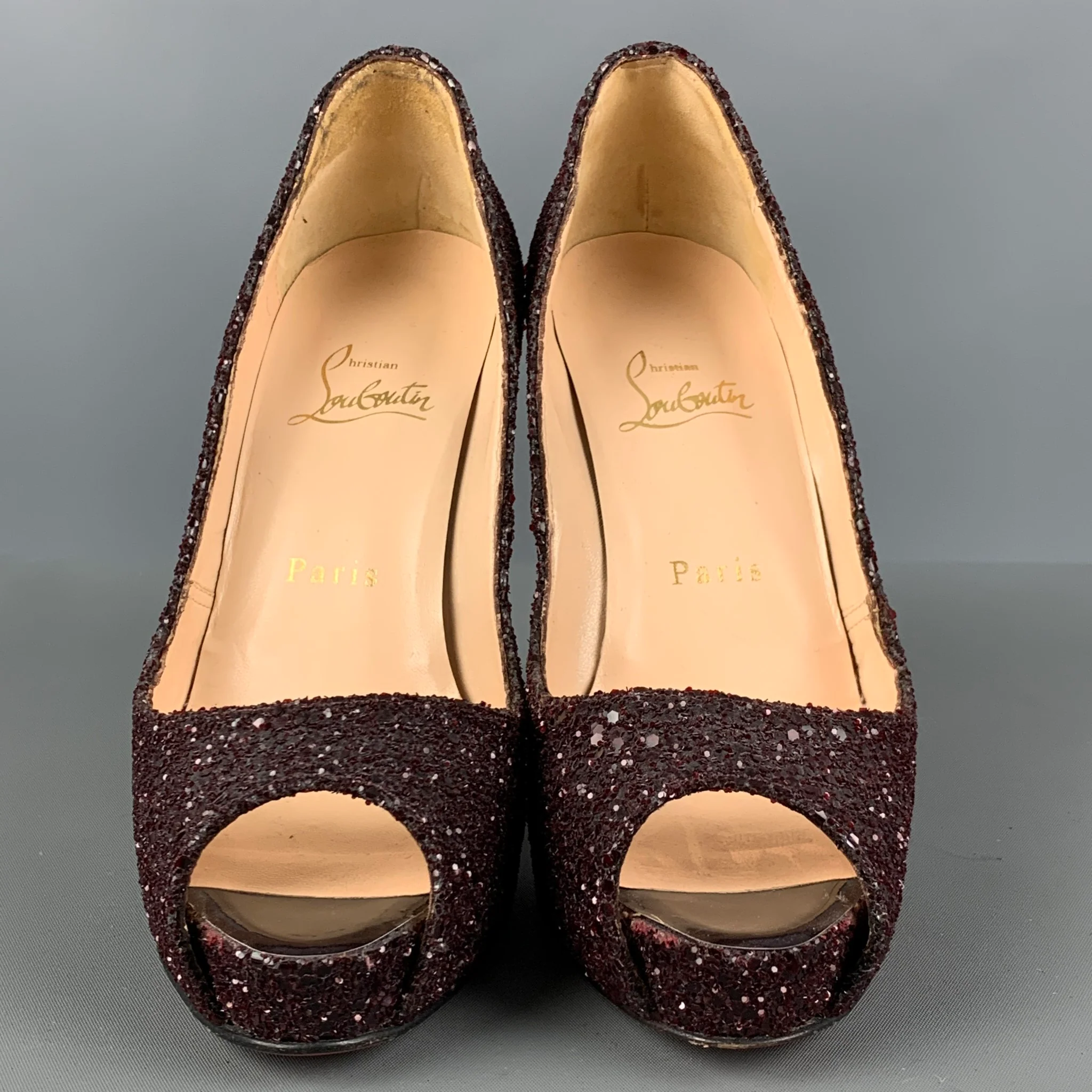 CHRISTIAN LOUBOUTIN Size 6.5 Burgundy Glitter Peep Toe Pumps - Image 4