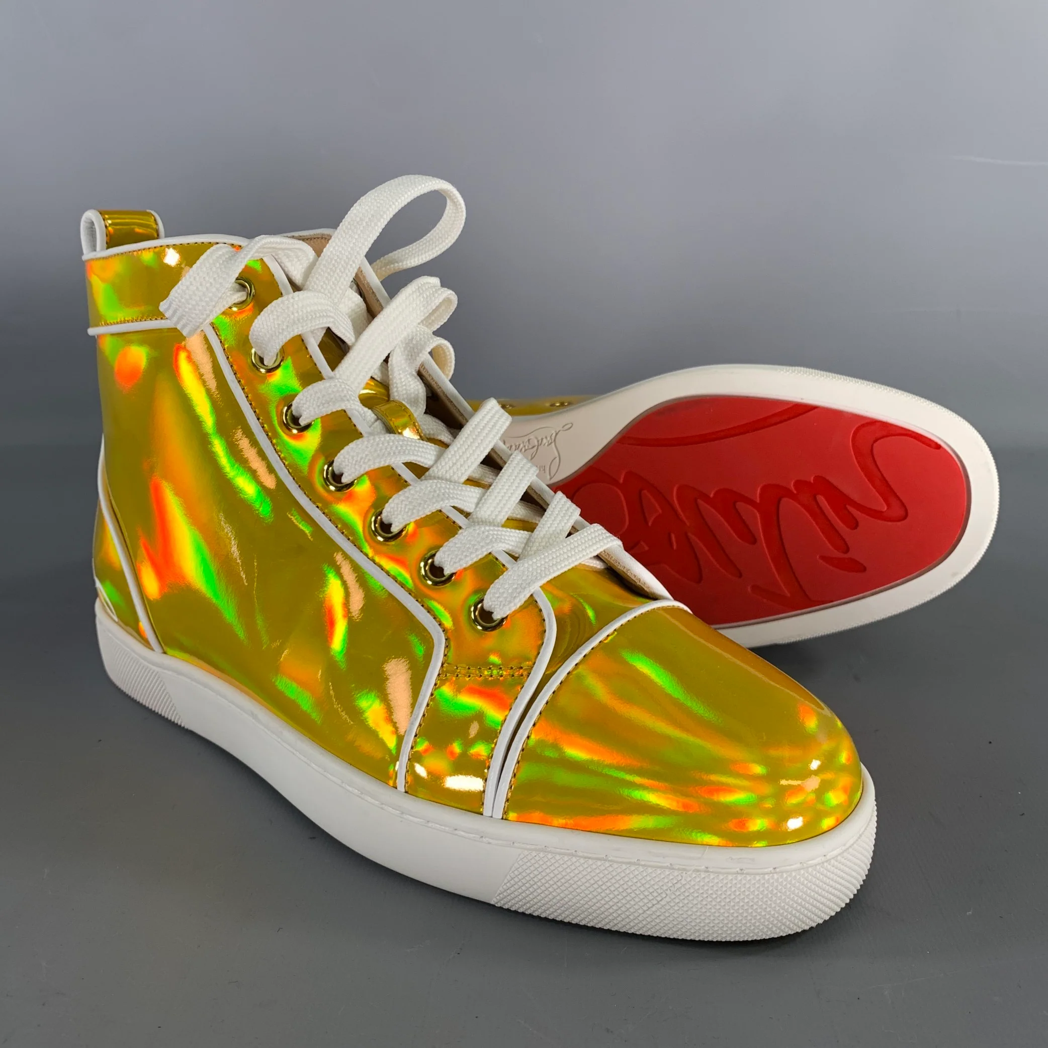 CHRISTIAN LOUBOUTIN Size 6.5 Gold White Leather High Top Lace Up Shoes - Image 5