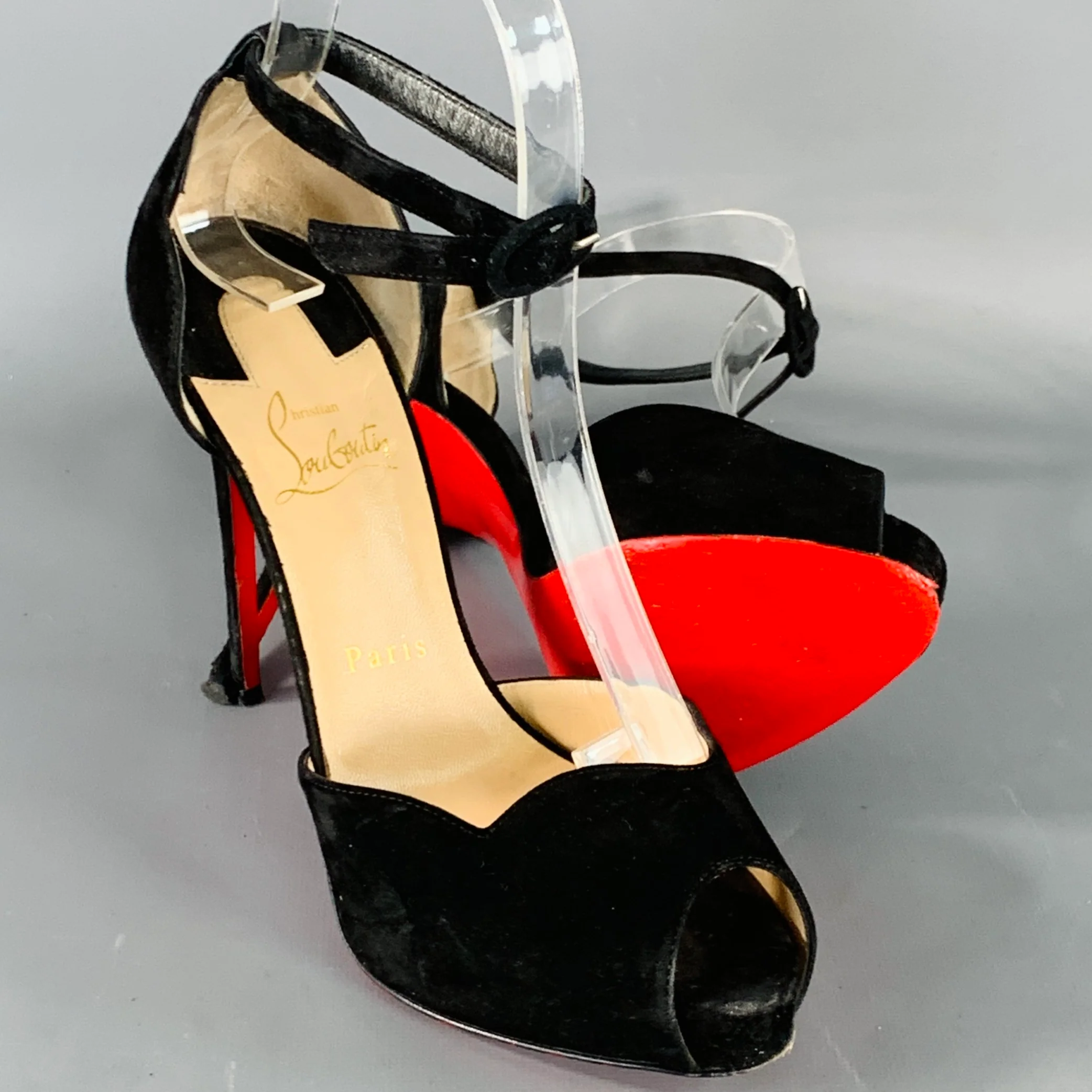 CHRISTIAN LOUBOUTIN Size 7.5 Aketata 120 Black Red Suede Ankle Strap Sandals - Image 5