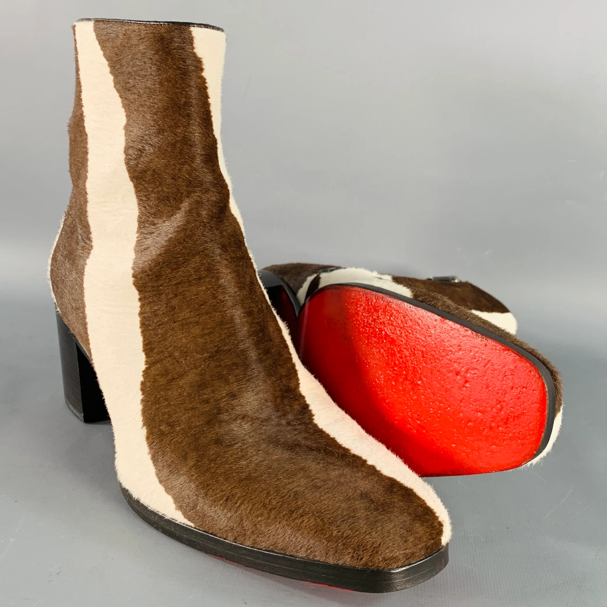 CHRISTIAN LOUBOUTIN Size 9 Brown Cream Calf Hair Zebra Side Zipper Stacked Heel Boots - Image 5