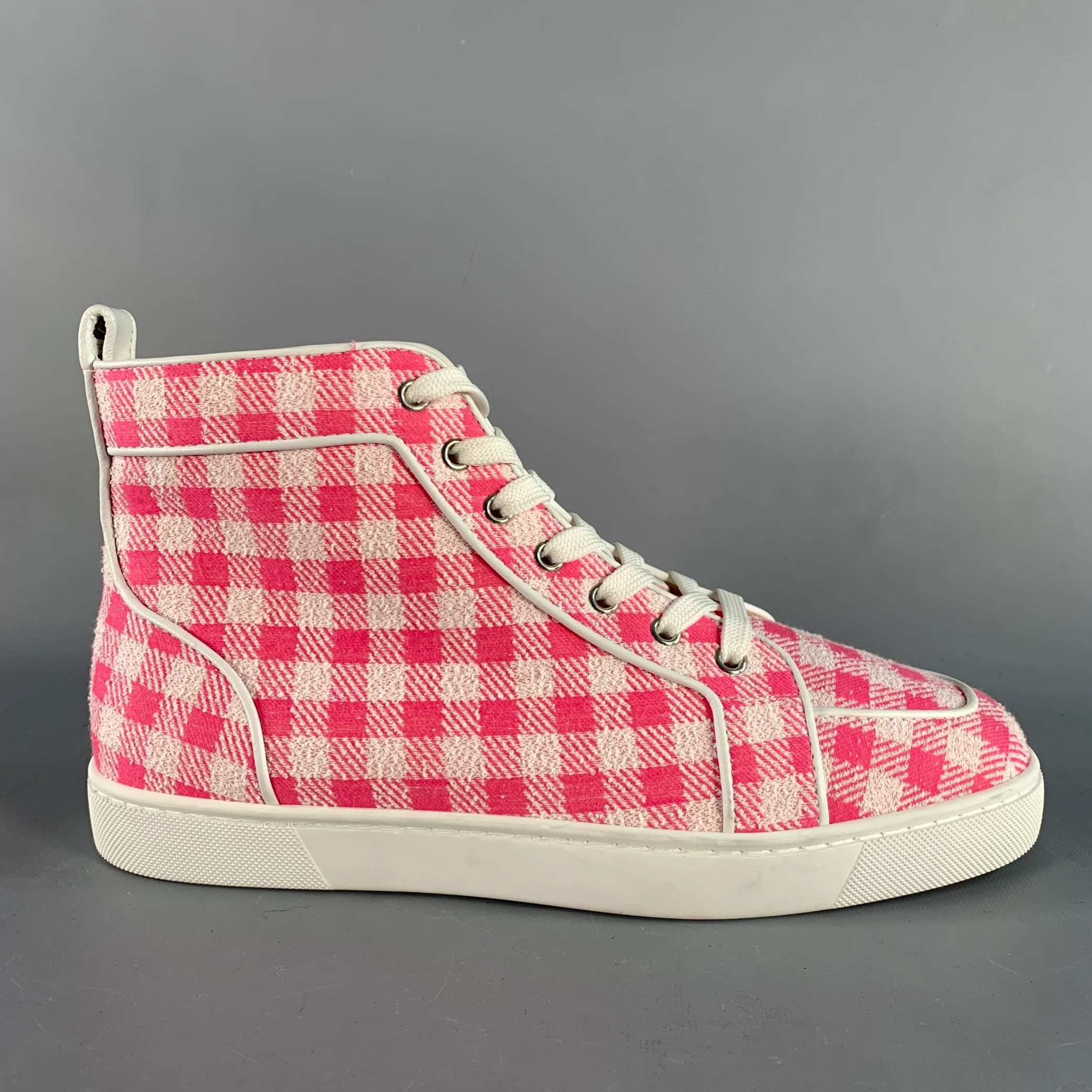 CHRISTIAN LOUBOUTIN Size 9 Pink White Checkered Fabric High Top Sneakers - Image 2