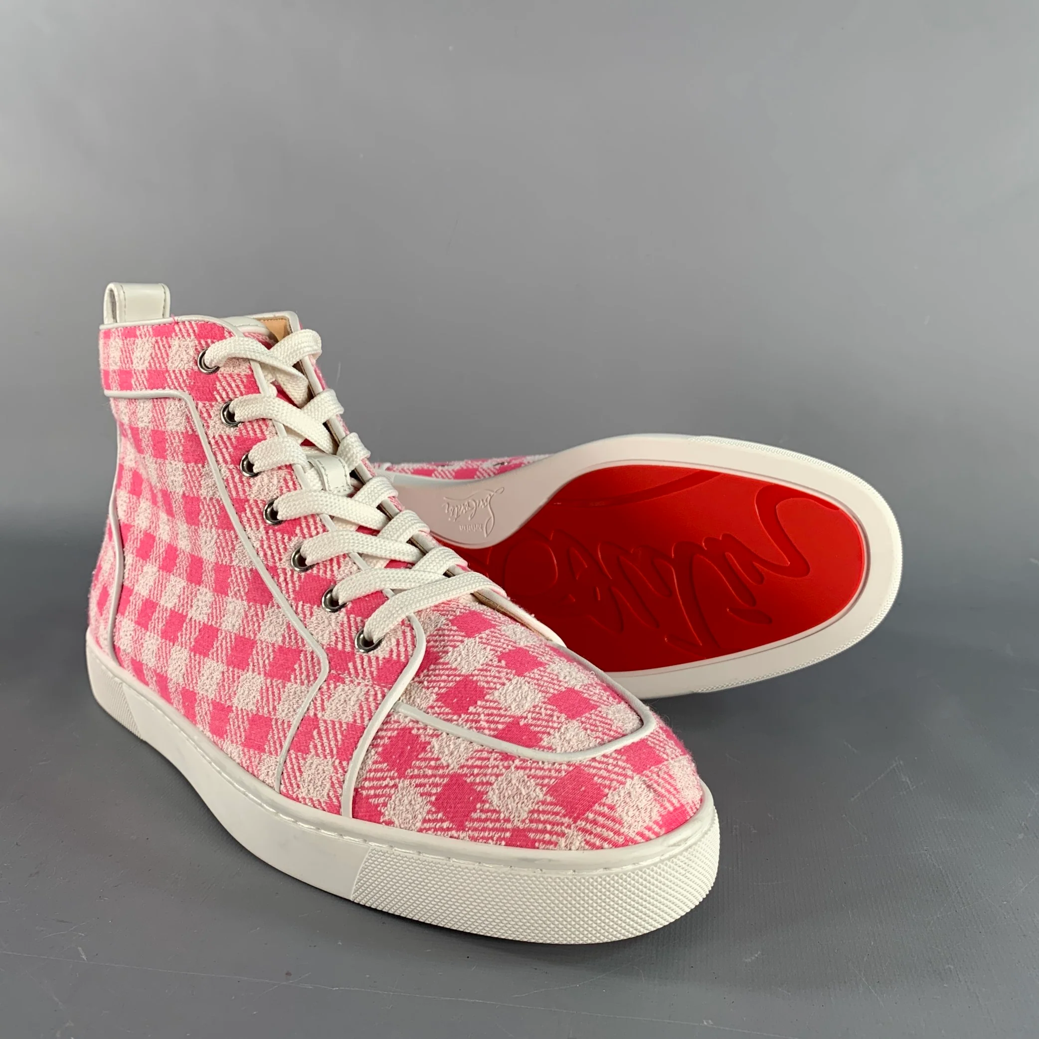 CHRISTIAN LOUBOUTIN Size 9 Pink White Checkered Fabric High Top Sneakers - Image 5