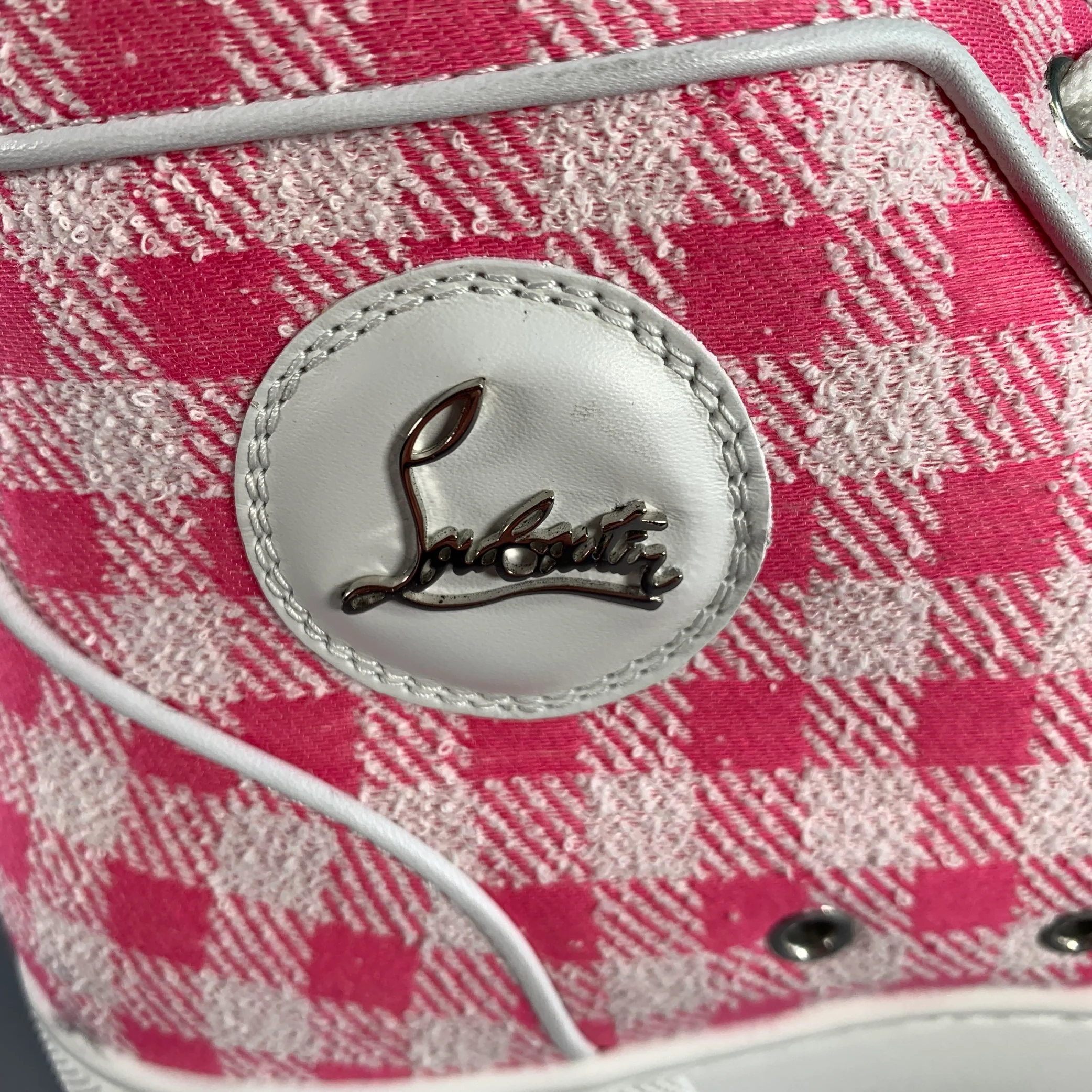 CHRISTIAN LOUBOUTIN Size 9 Pink White Checkered Fabric High Top Sneakers - Image 7