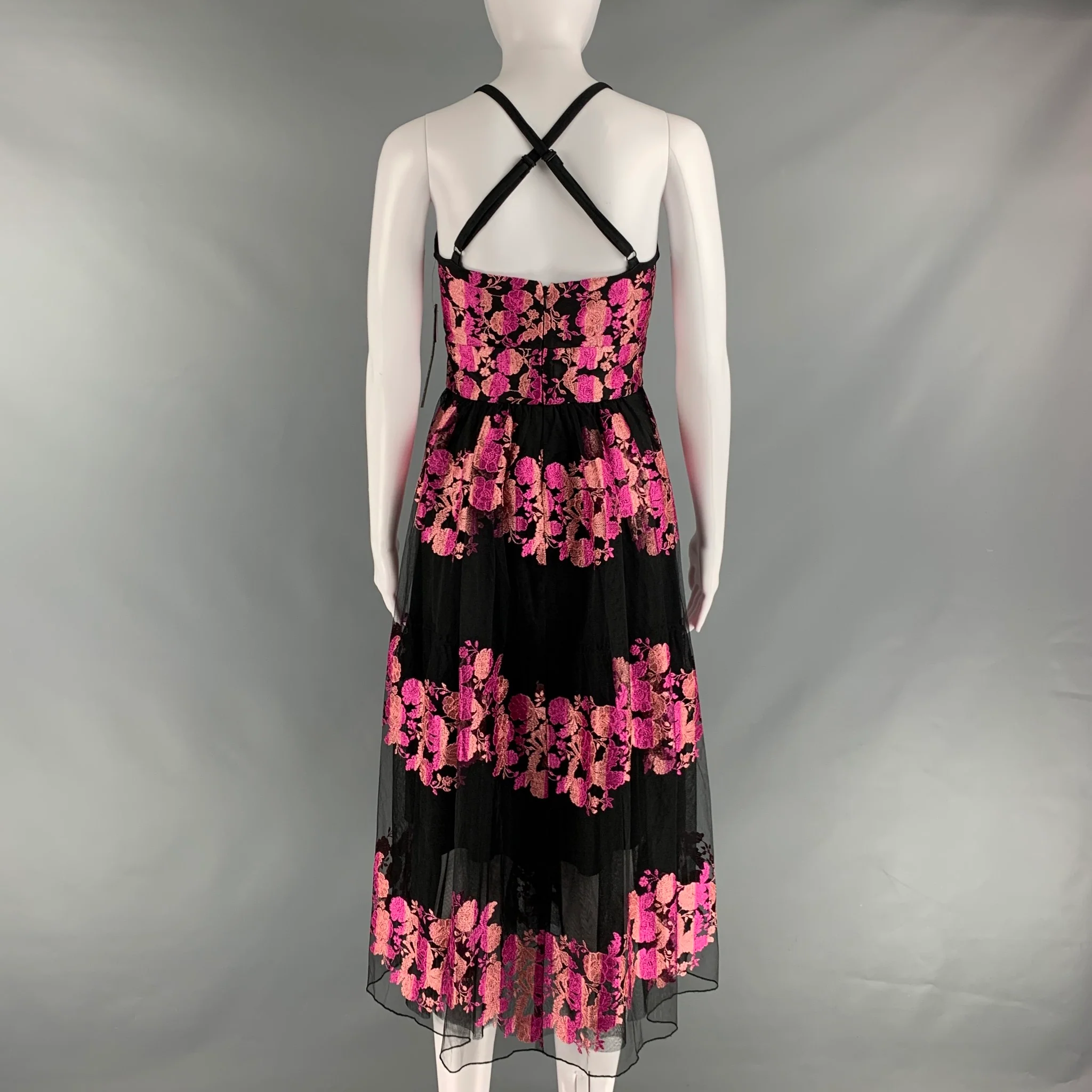 CHRISTIAN SIRIANO Size 4 Black Pink Polyester Floral Long Dress - Image 4