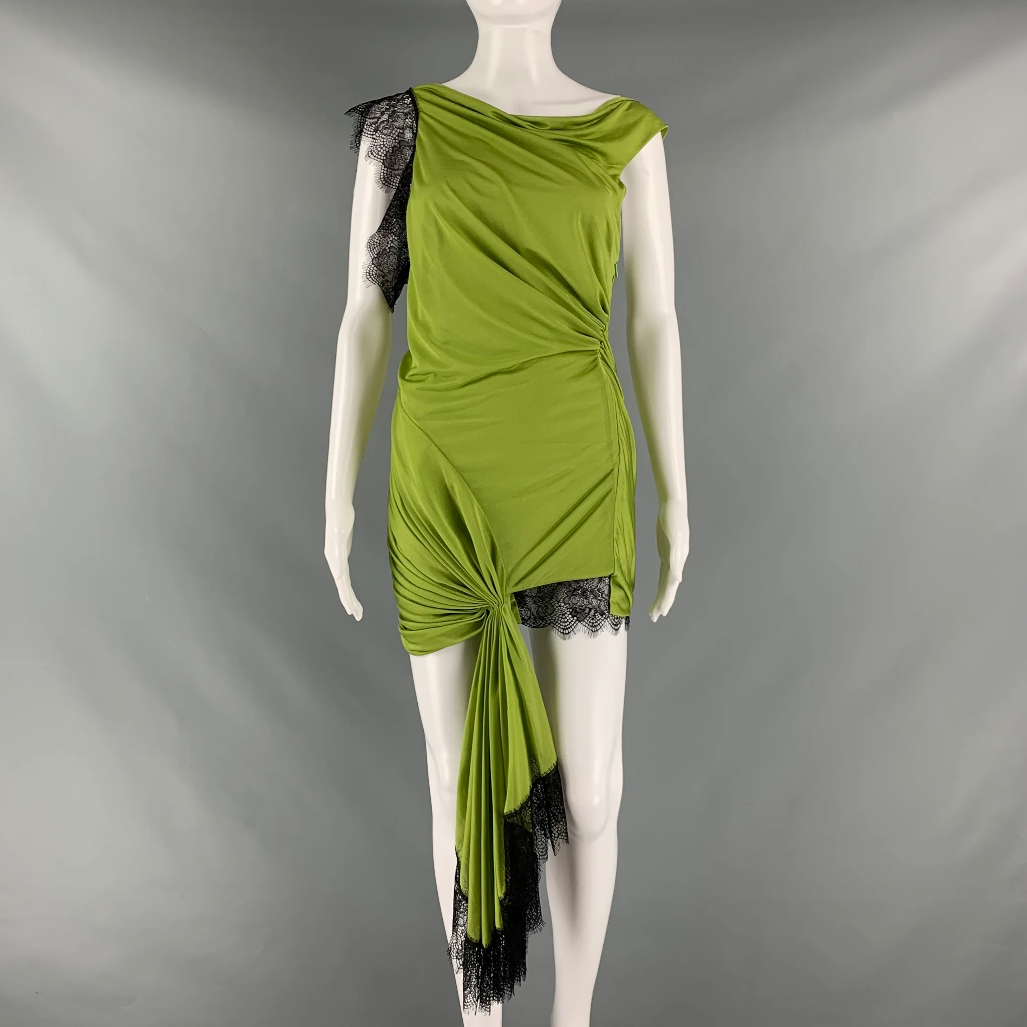 CHRISTOPHER ESBER Size 6 Green Black Viscose Polyester Lace Asymmetrical Dress