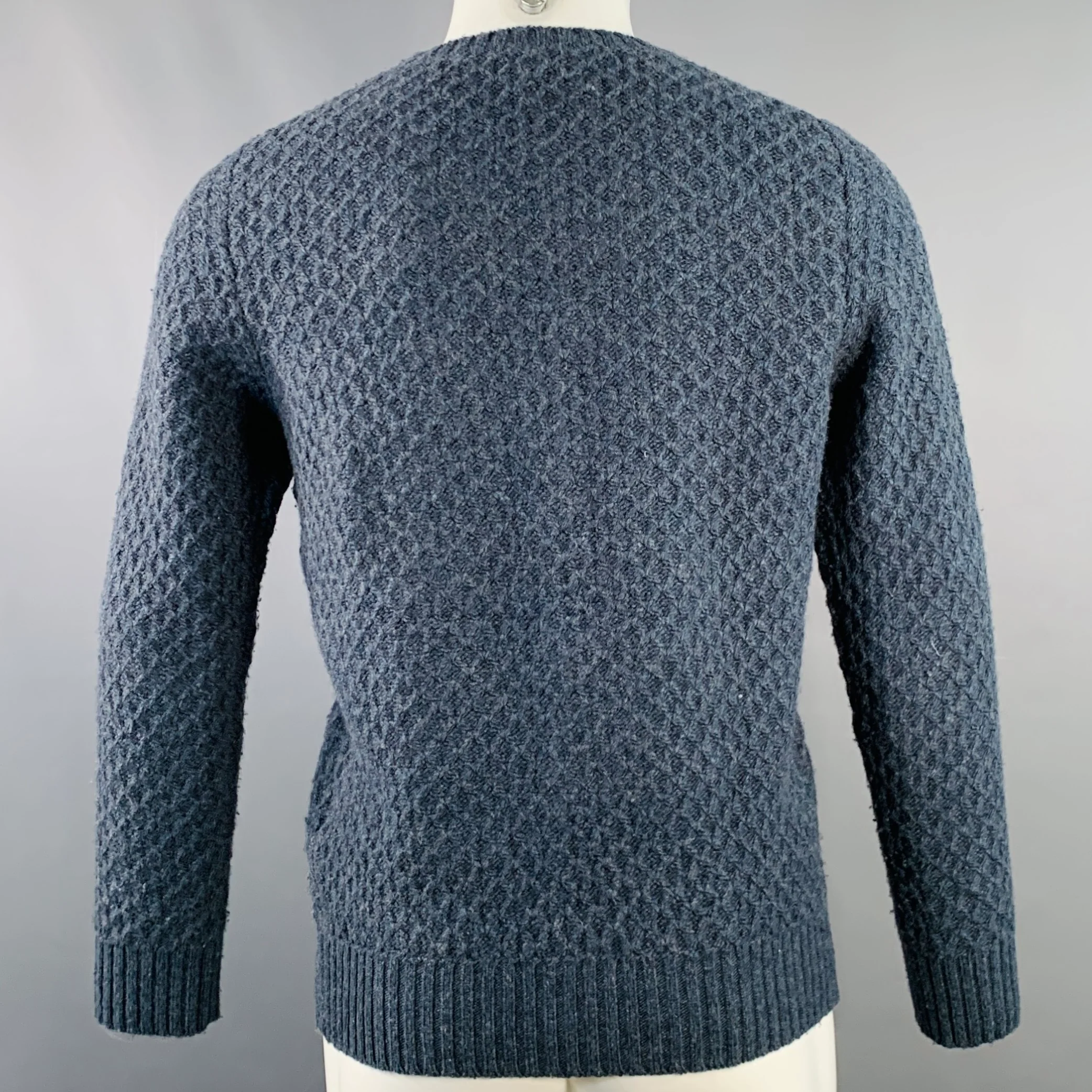 CIRCOLO Size M Blue Grey Diamond Cable Knit Merino Wool Crew Neck Sweater - Image 4