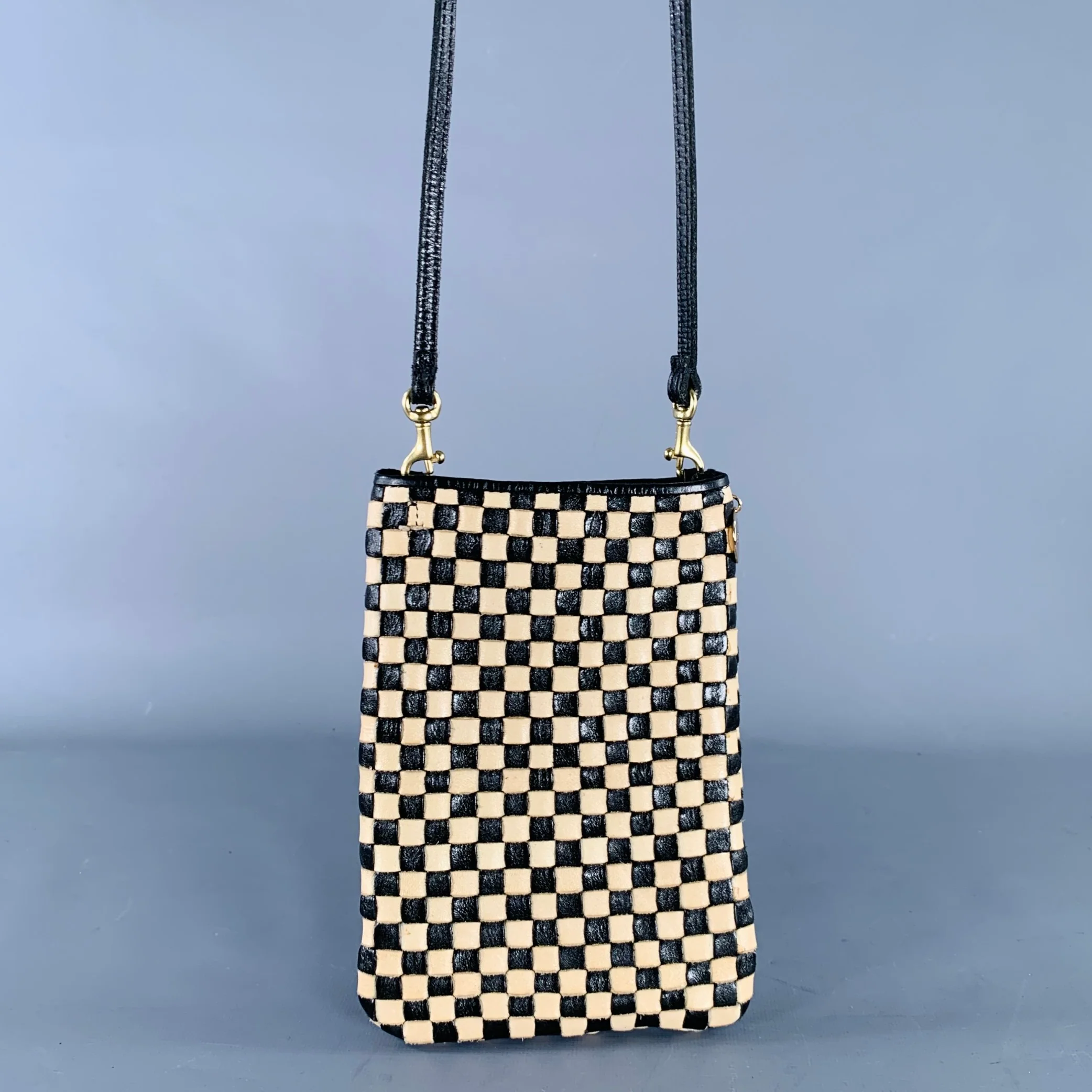 CLARE V. Poche Black Beige Checkered Leather Clutch Crossbody Handbag - Image 3