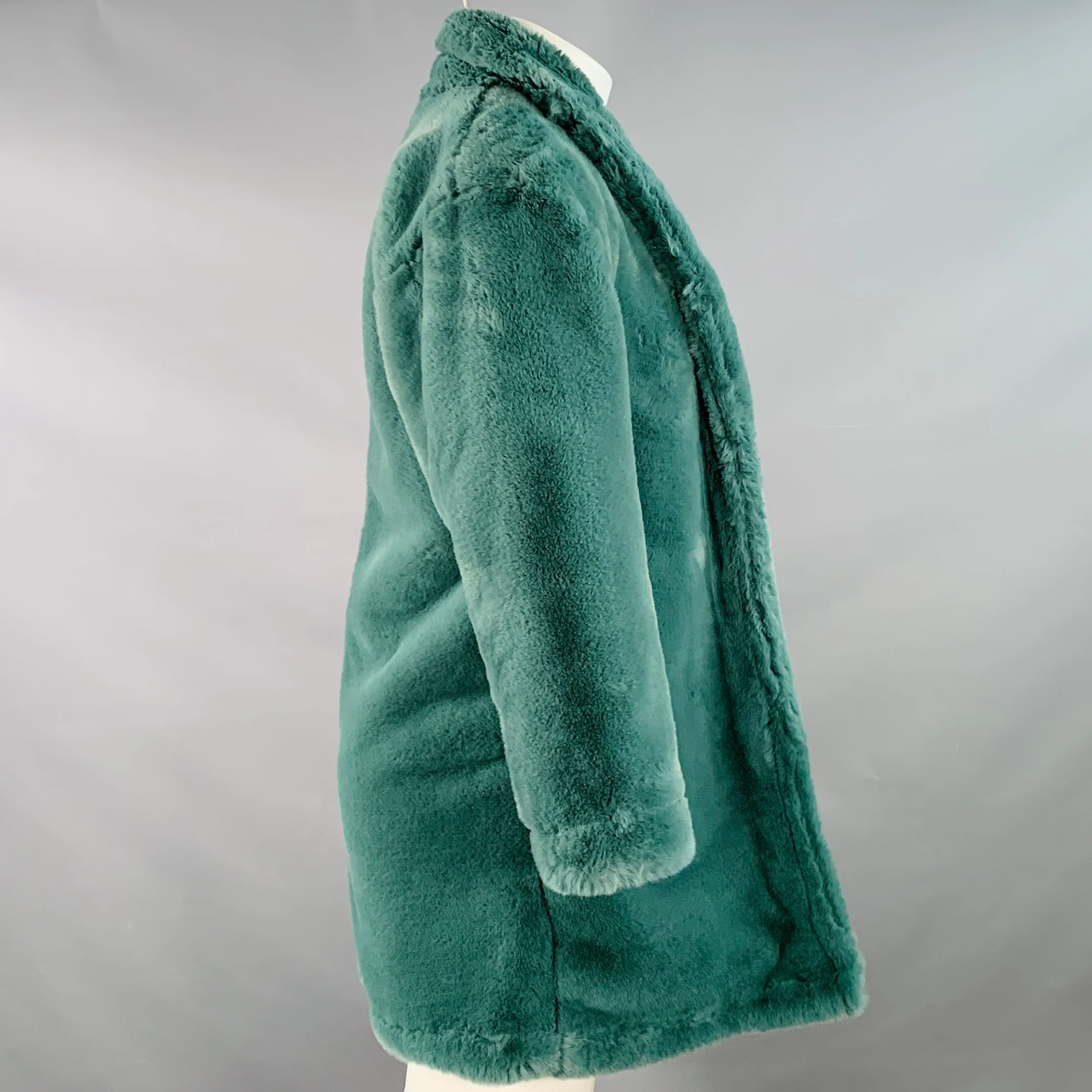 CLOT APPAREL Size S Green Faux Fur Notch Lapel Open Front Coat - Image 2