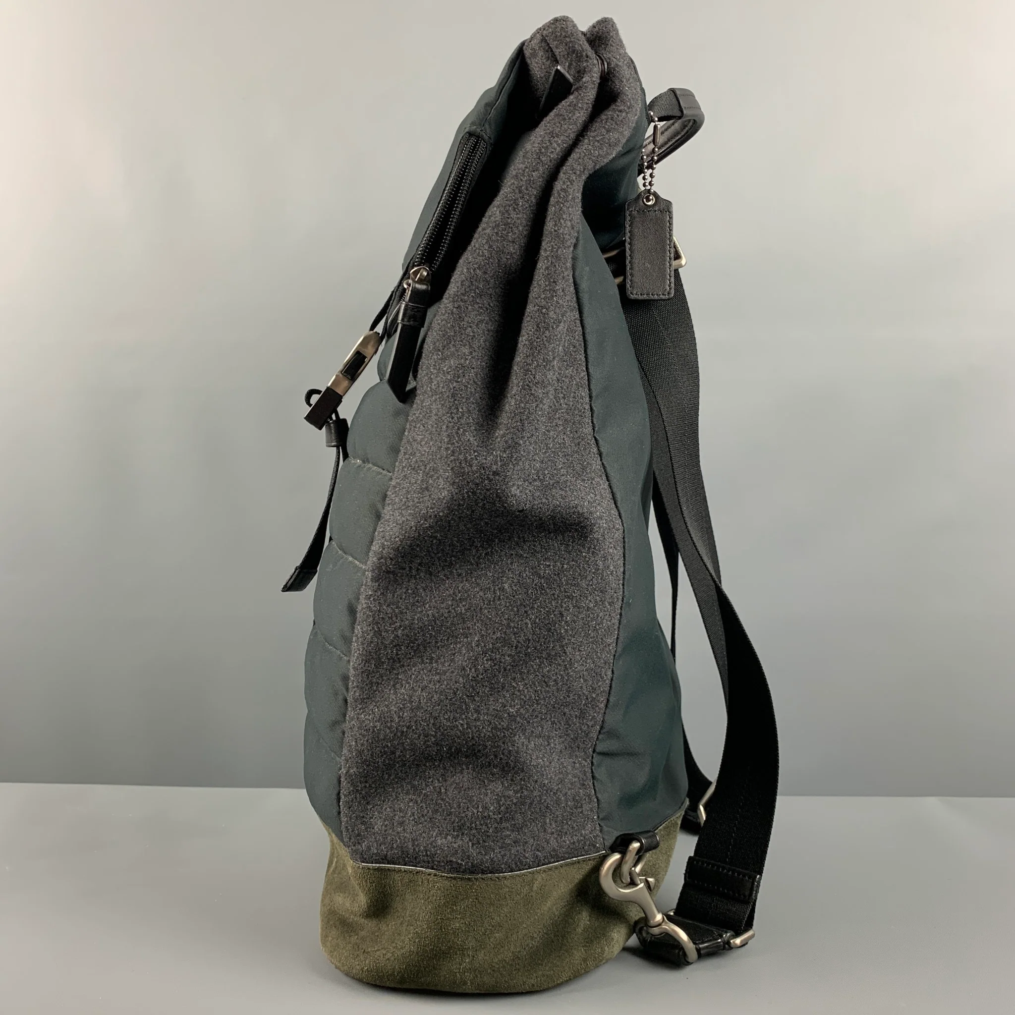 COACH Grey Dark Green Mixed Fabrics Suede Fabric Backpack - Image 5