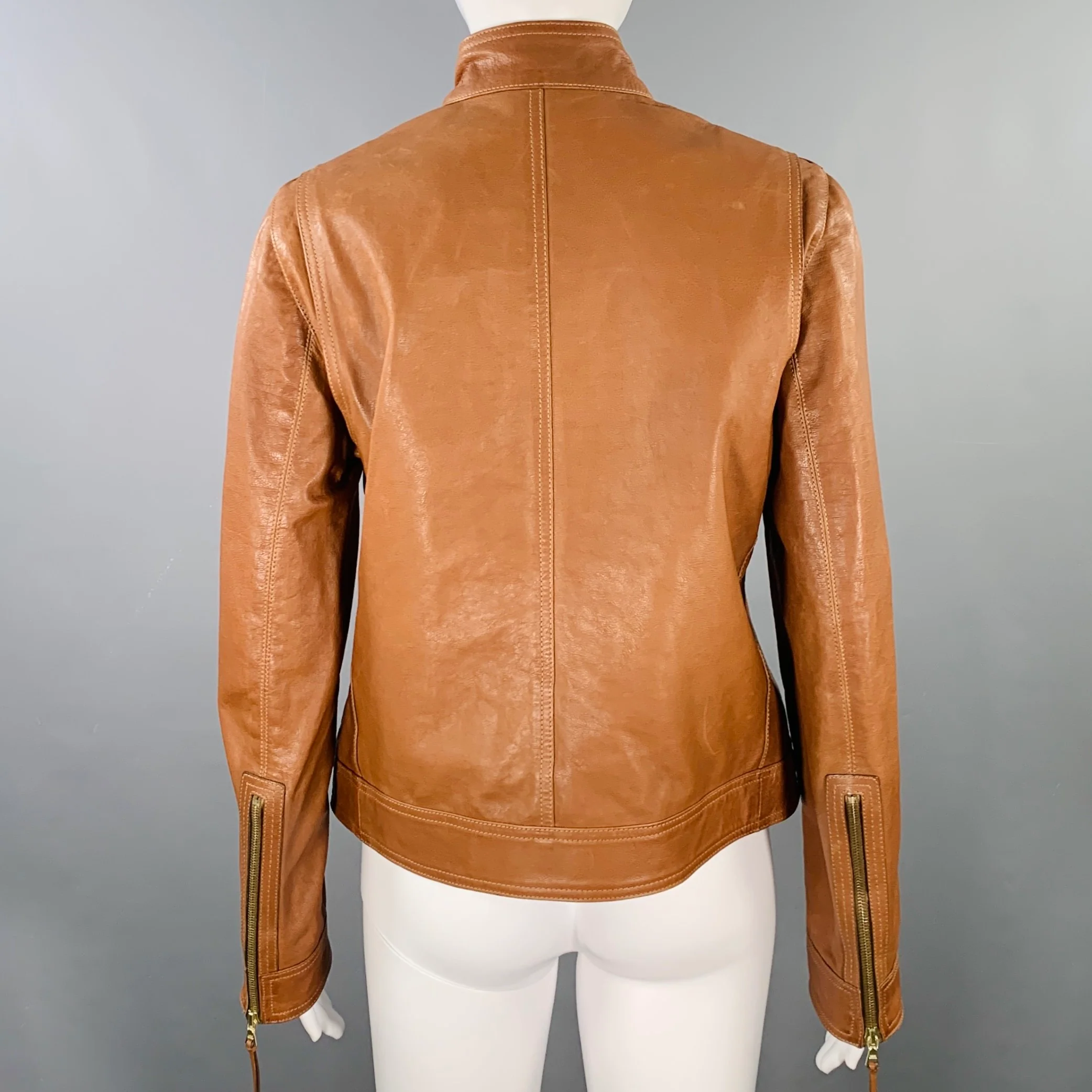 COACH Size 8 Brown Gold Leather Zip Pockets Jacket - Image 3