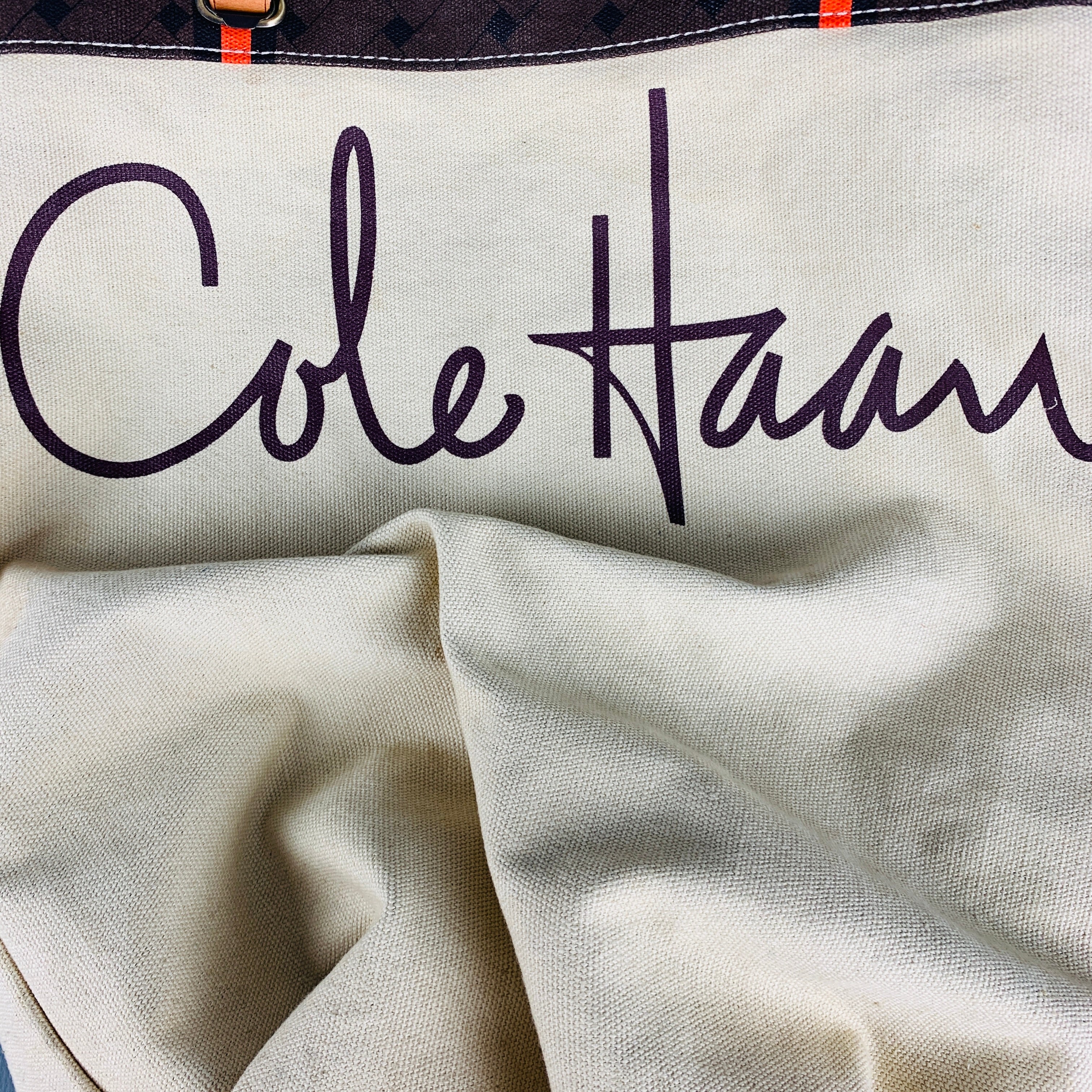 COLE HAAN Brown Orange Stripe Canvas Tote Handbag - Image 4
