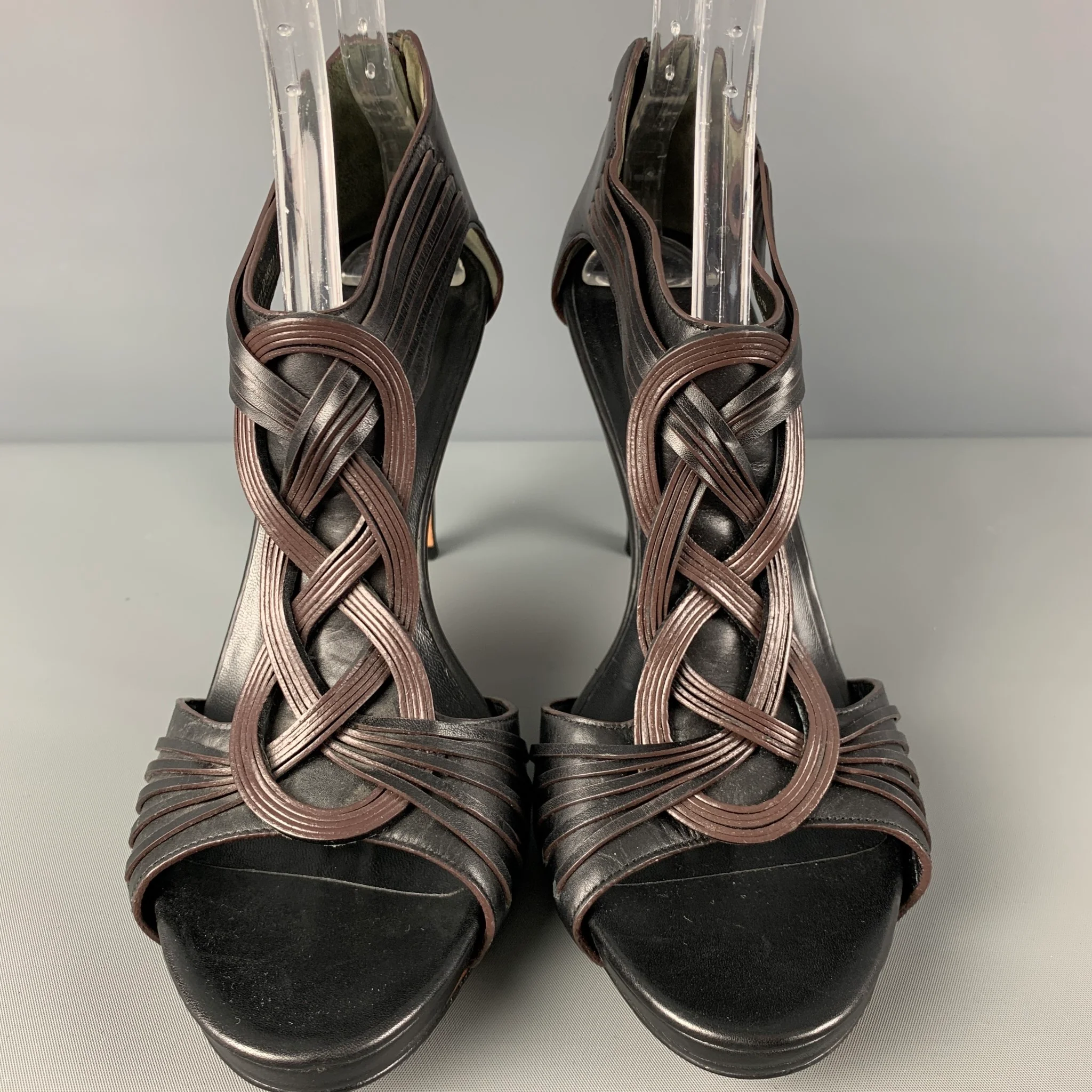 COLE HAAN Size 11 Dark Brown Leather Woven Heel Sandals - Image 4