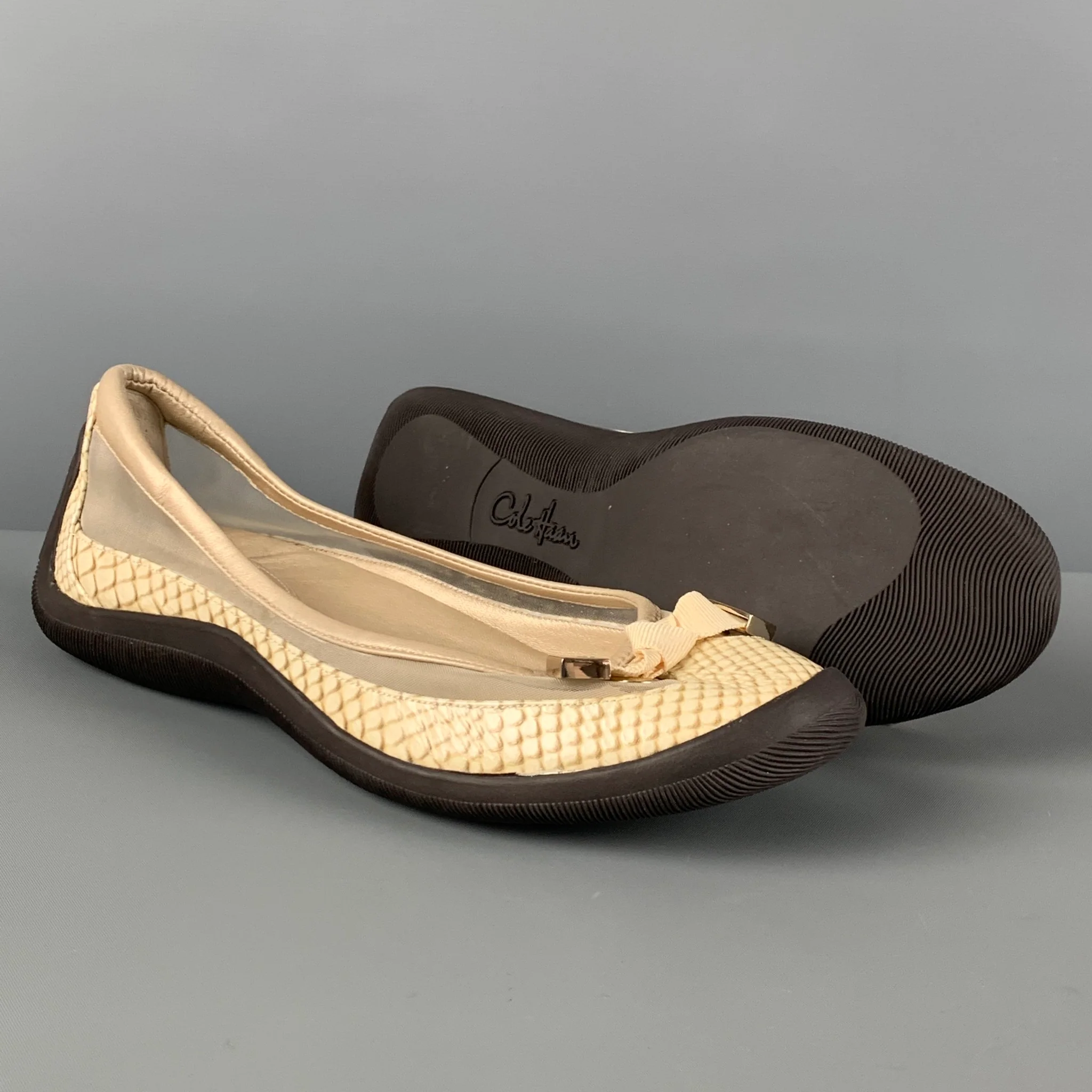 COLE HAAN Size 6.5 Beige Mesh Snake Skin Print Patent Leather Slip On Flats - Image 3
