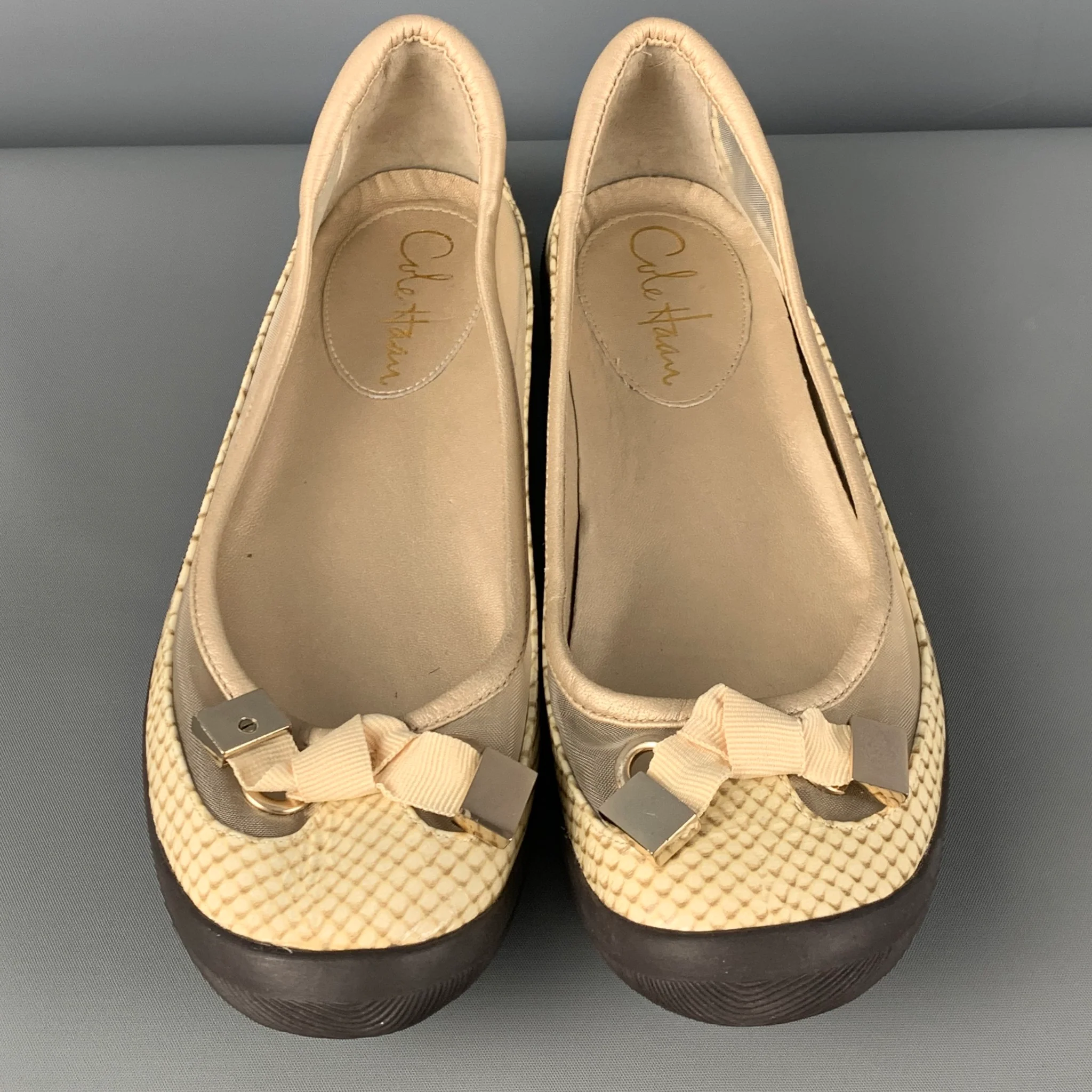 COLE HAAN Size 6.5 Beige Mesh Snake Skin Print Patent Leather Slip On Flats - Image 4
