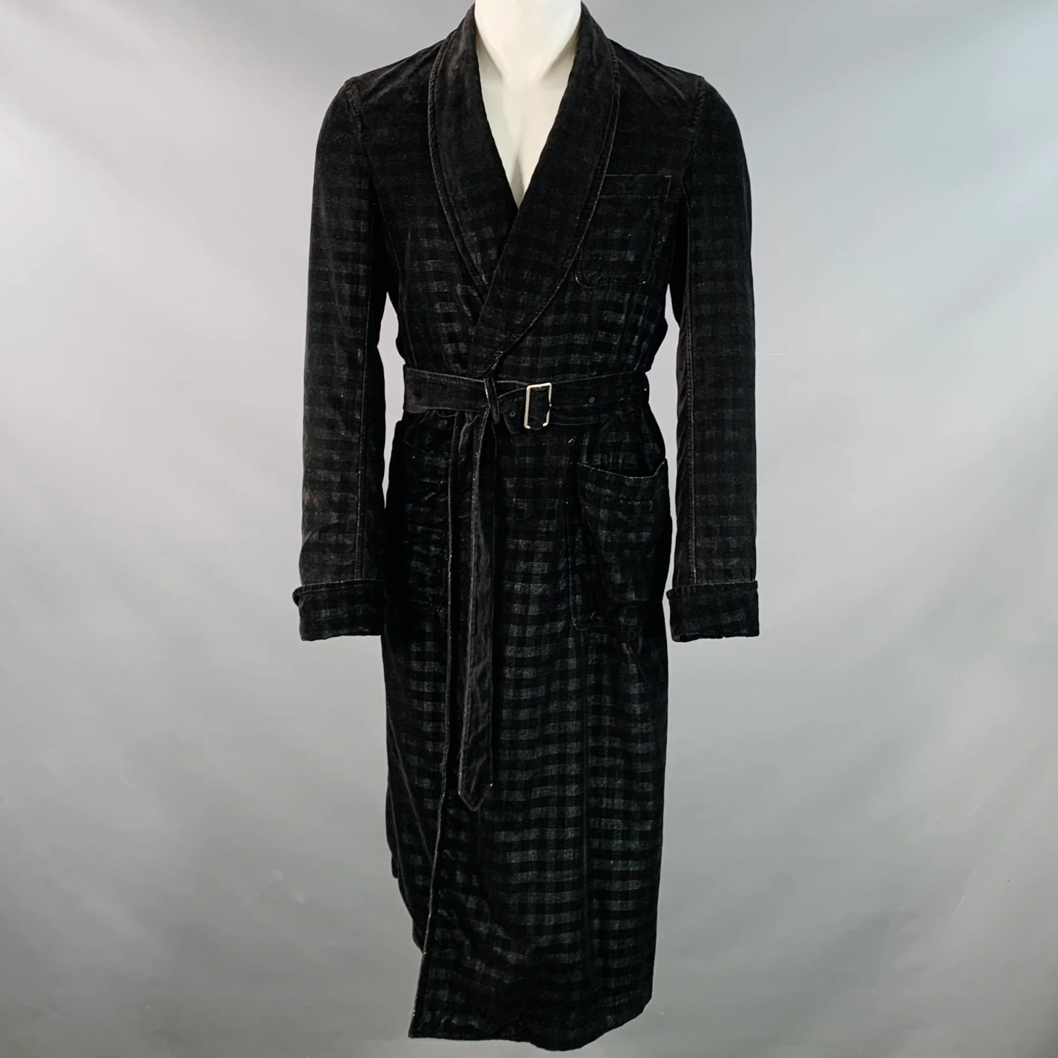 COMME des GARCONS HOMME PLUS Size S Black Black Checkered Polyester Shawl Lapel Robe