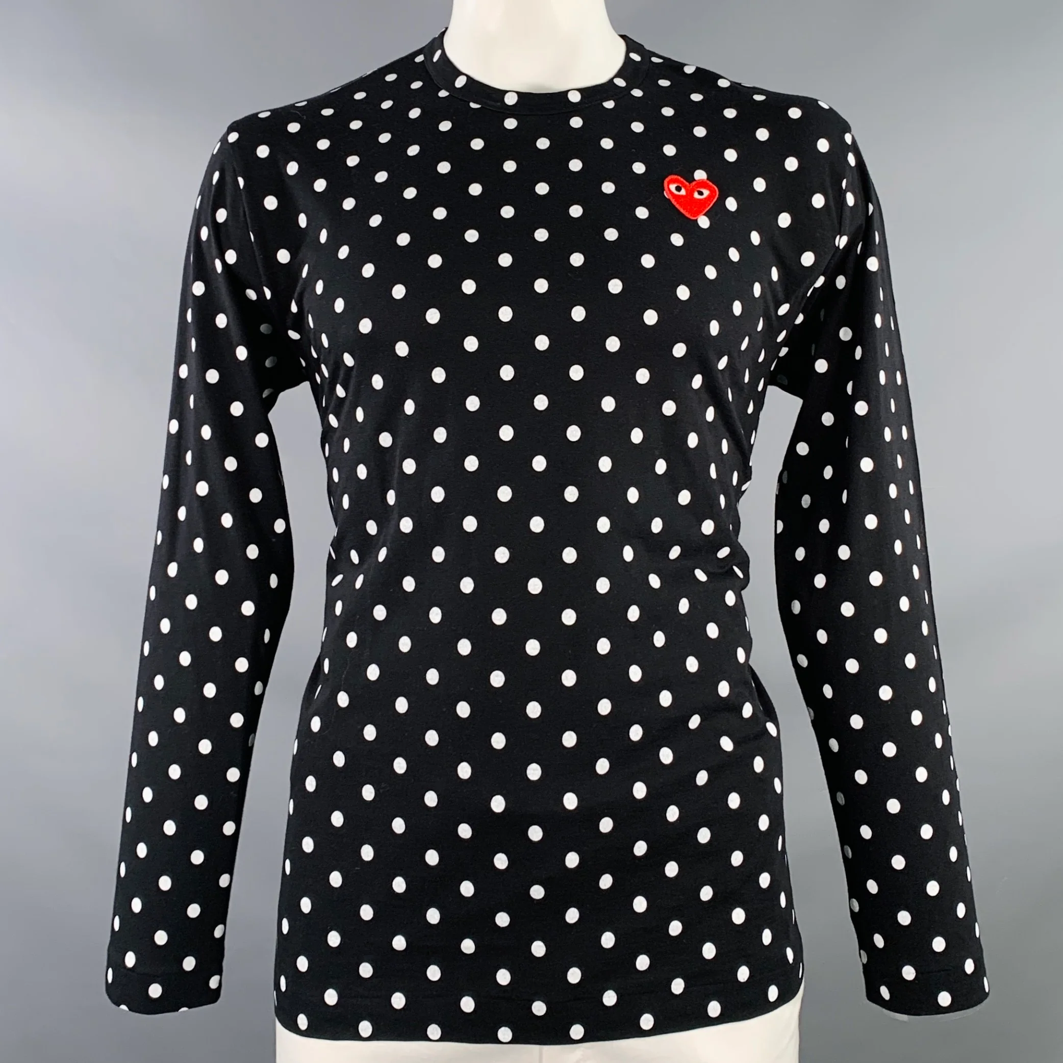 COMME des GARCONS PLAY Size L Black White Polka Dot Heart Cotton Long Sleeve T-shirt
