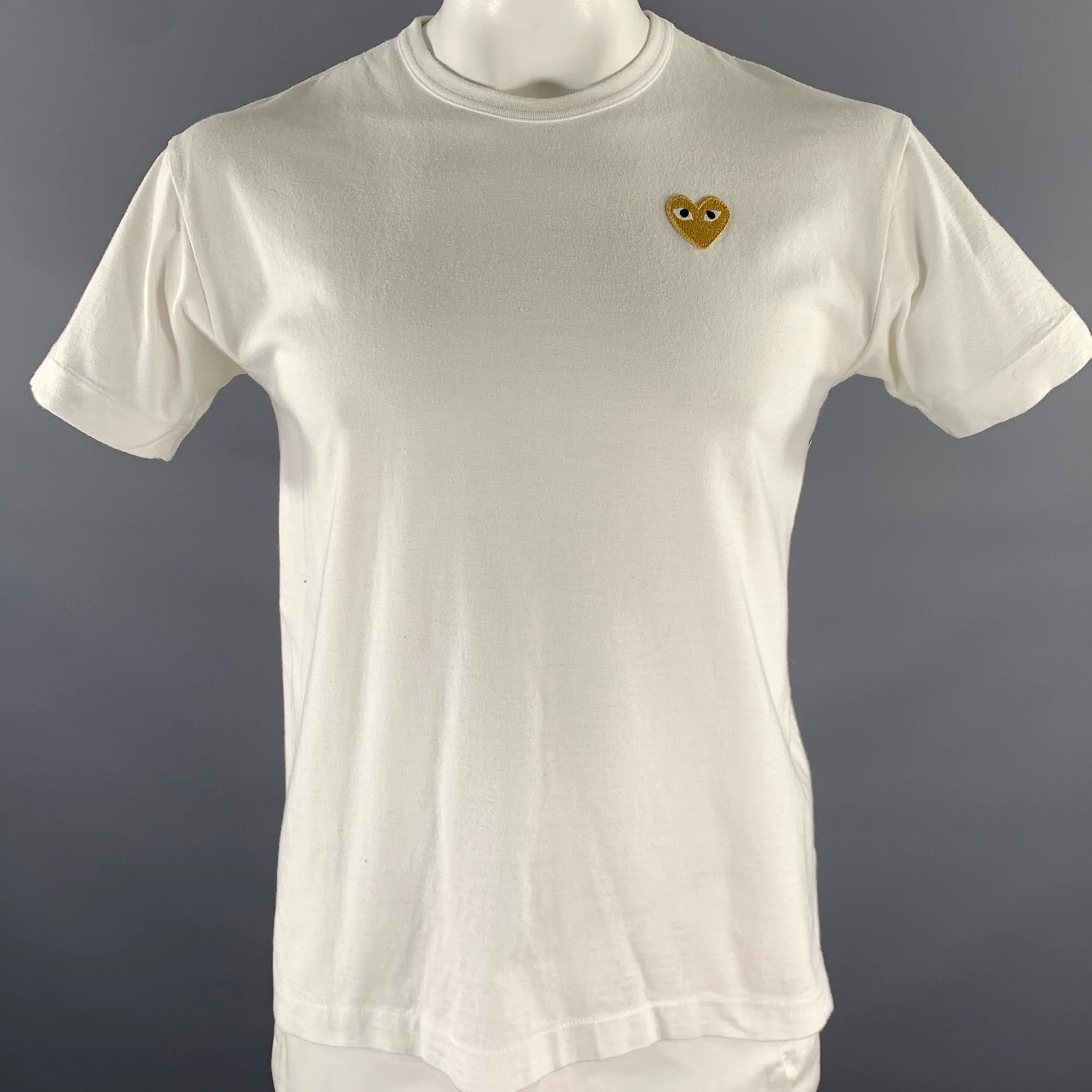 COMME des GARCONS PLAY Size XL White Gold Embroidery Cotton Short Sleeve Shirt
