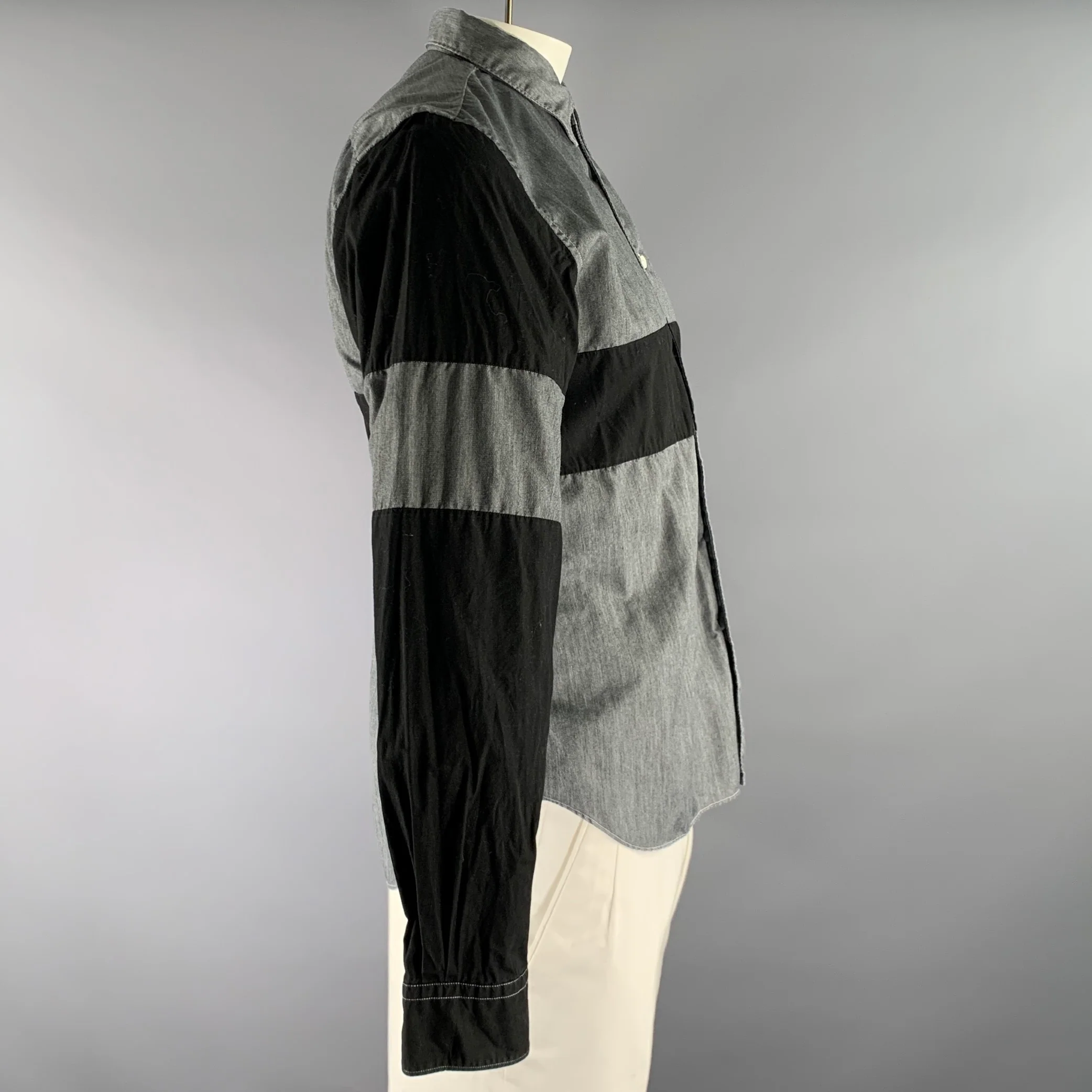 COMME des GARCONS SHIRT Size L Grey Black Color Block Long Sleeve Shirt - Image 2