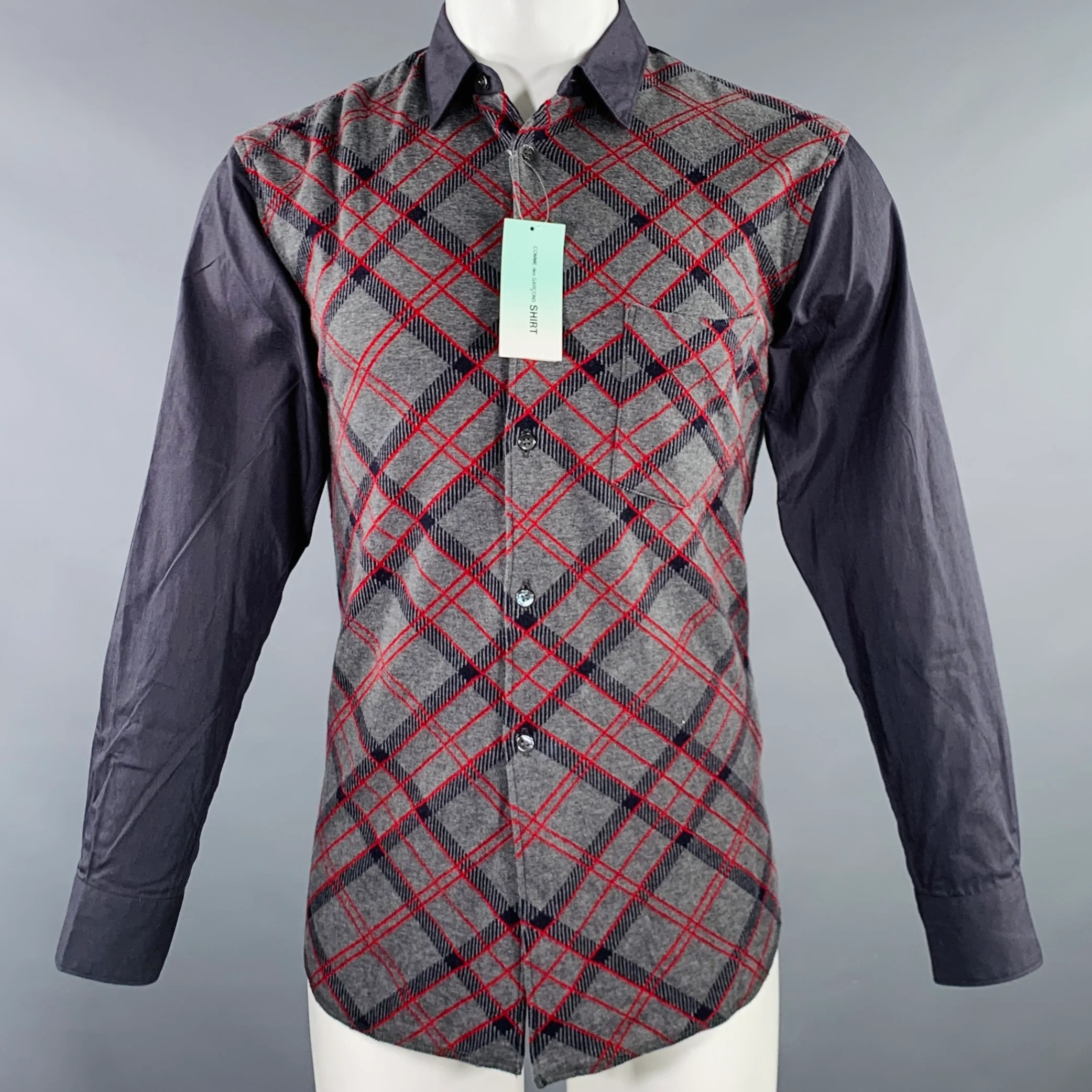 COMME des GARCONS SHIRT Size S Grey Red Plaid Cotton Wool Long Sleeve Shirt