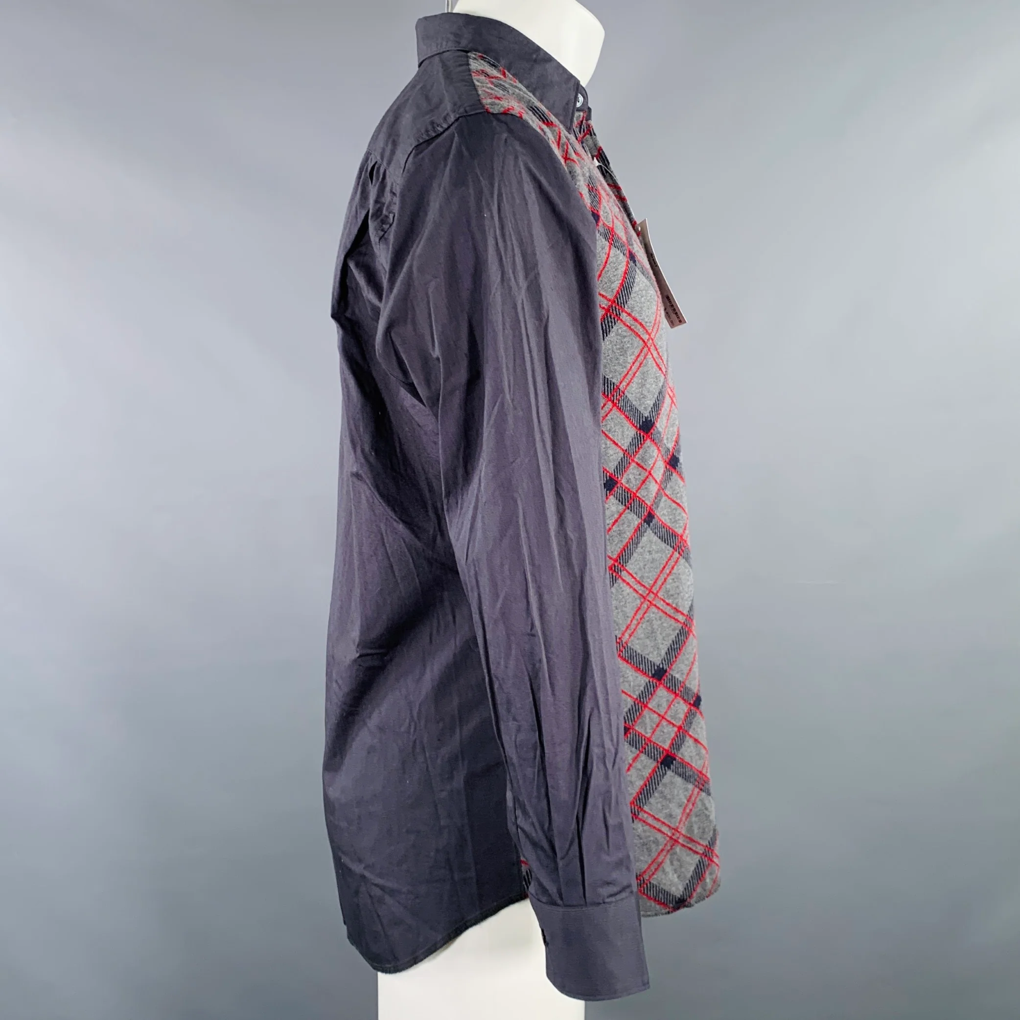 COMME des GARCONS SHIRT Size S Grey Red Plaid Cotton Wool Long Sleeve Shirt - Image 2