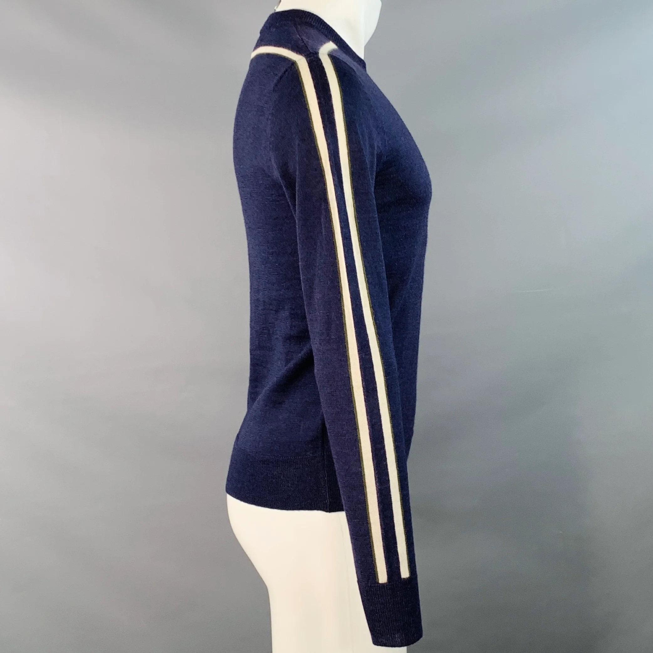 COMME des GARCONS SHIRT Size S Navy White Stripe Wool Crew Neck Pullover - Image 2