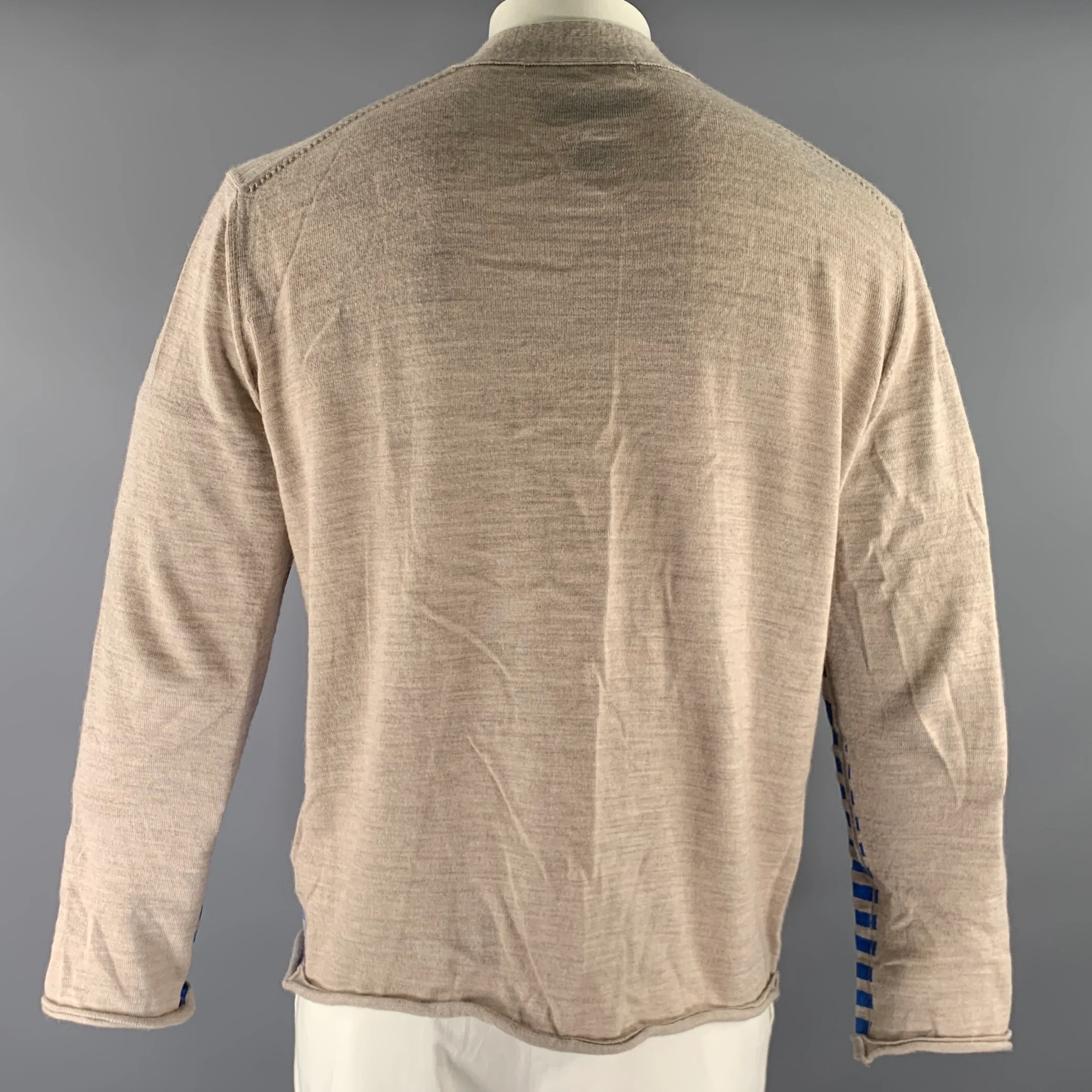COMME des GARCONS SHIRT Size XL Cream Blue Stripe Wool Buttoned Cardigan - Image 3