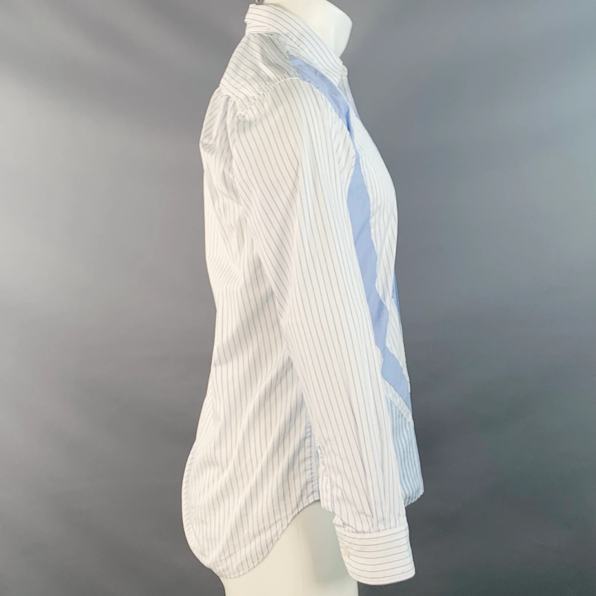 COMME des GARCONS SHIRT Size XS White Blue Patchwork Stripe Cotton Long Sleeve Shirt - Image 2